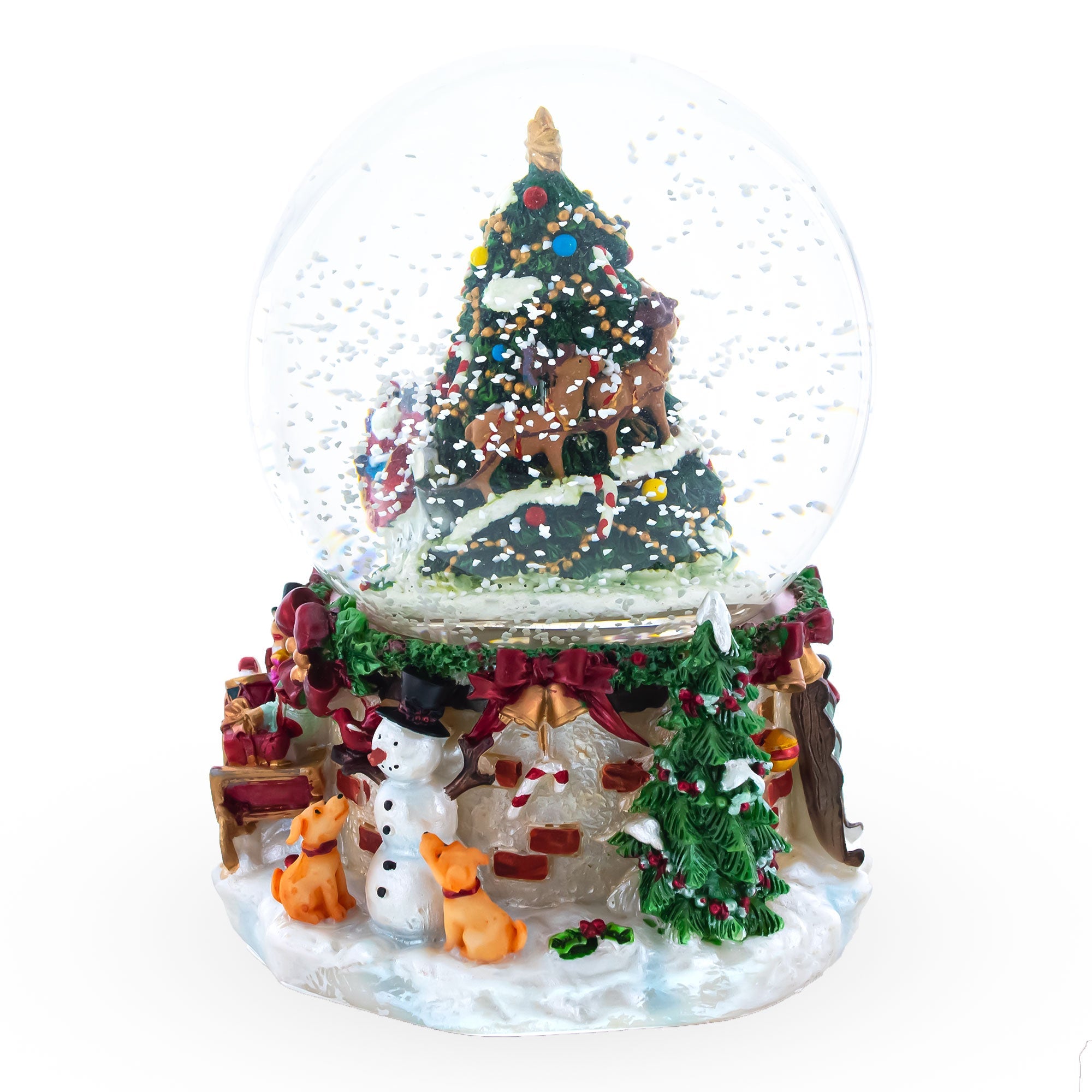 Snowman And Canine Companions: Santa's Visit By The Christmas Tree Musical Water Snow Globe