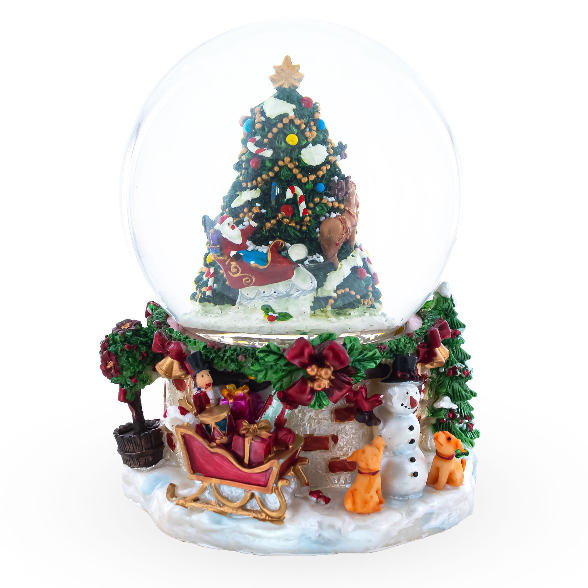 Snowman And Canine Companions: Santa's Visit By The Christmas Tree Musical Water Snow Globe