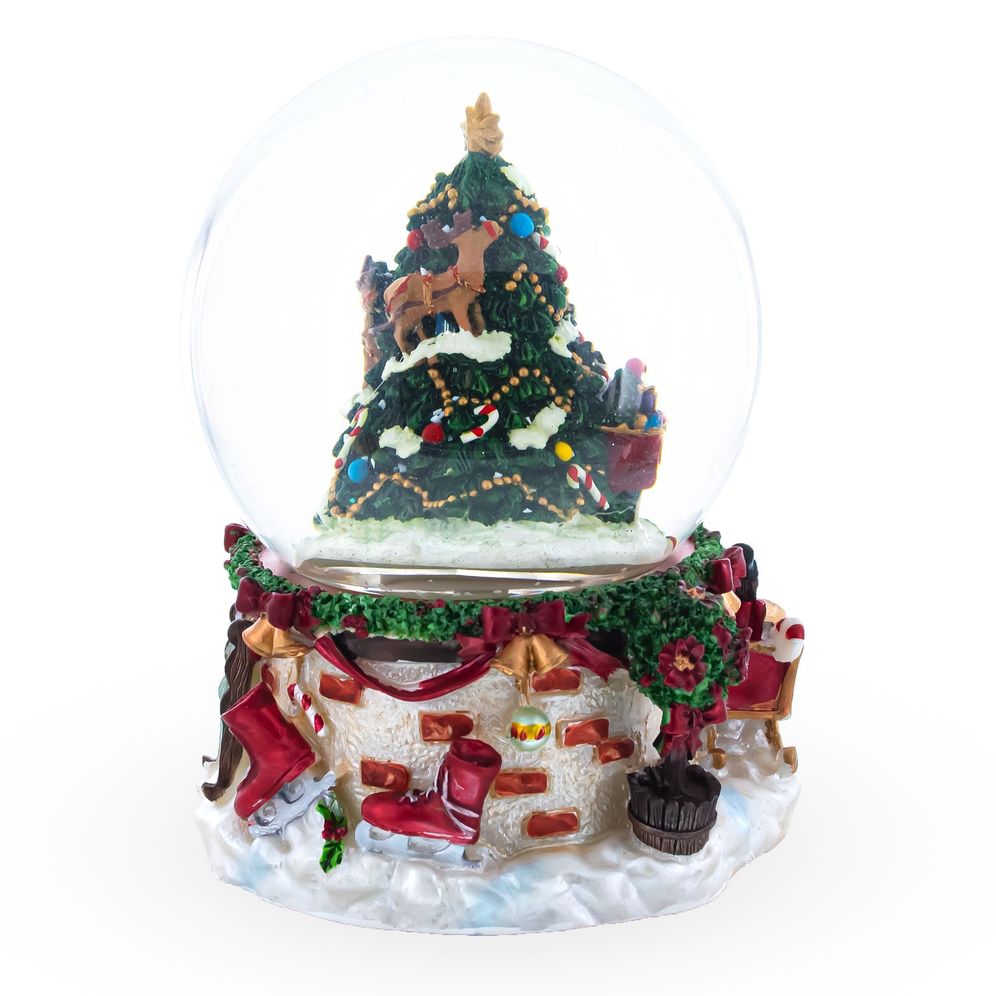 Snowman And Canine Companions: Santa's Visit By The Christmas Tree Musical Water Snow Globe