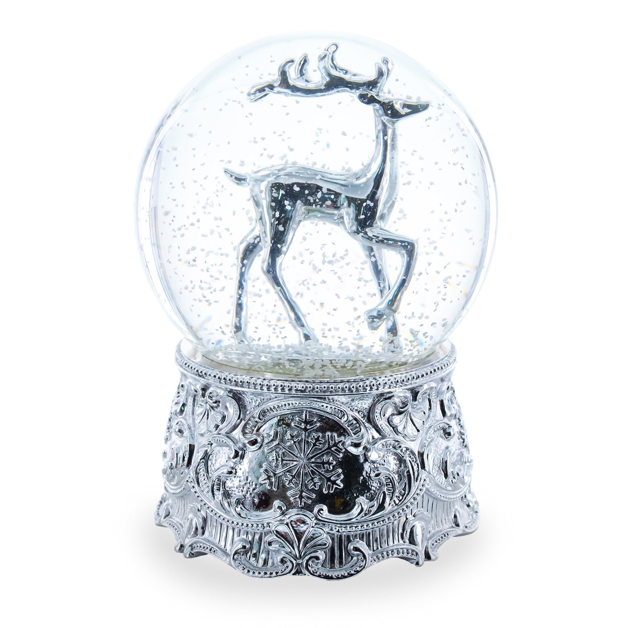 Silver Reindeer Serenade: Musical Christmas Water Snow Globe In Shiny Elegance