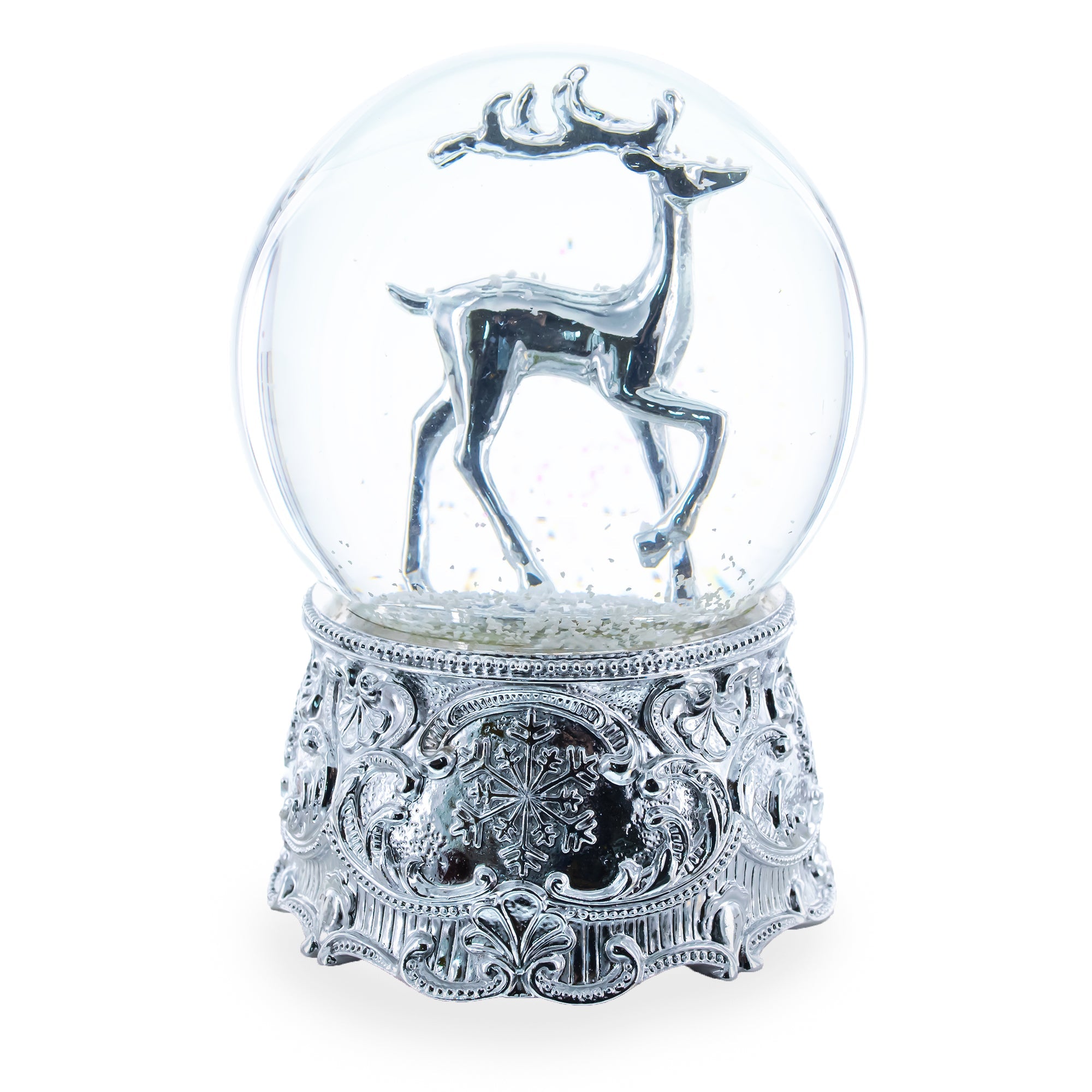 Silver Reindeer Serenade: Musical Christmas Water Snow Globe In Shiny Elegance