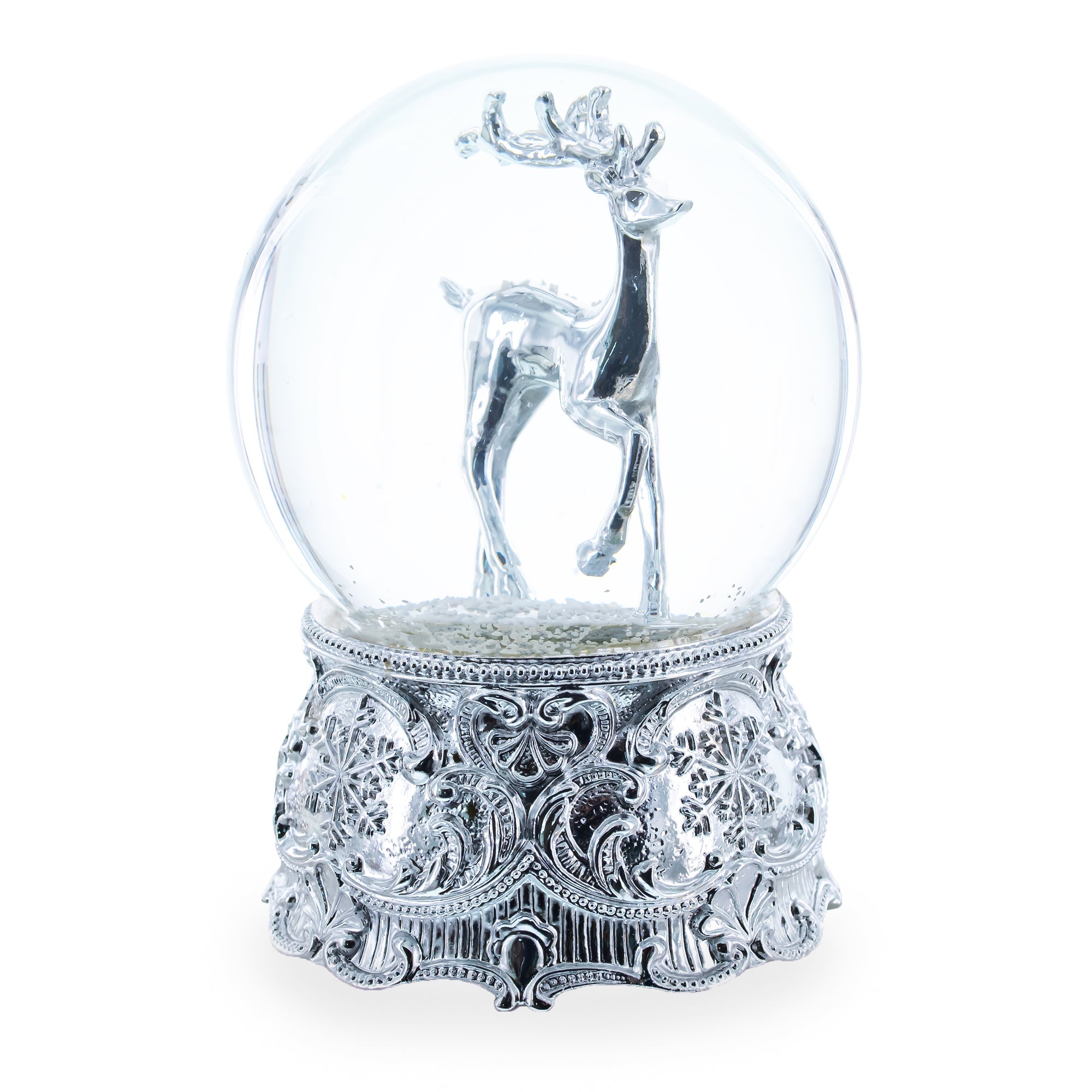 Silver Reindeer Serenade: Musical Christmas Water Snow Globe In Shiny Elegance