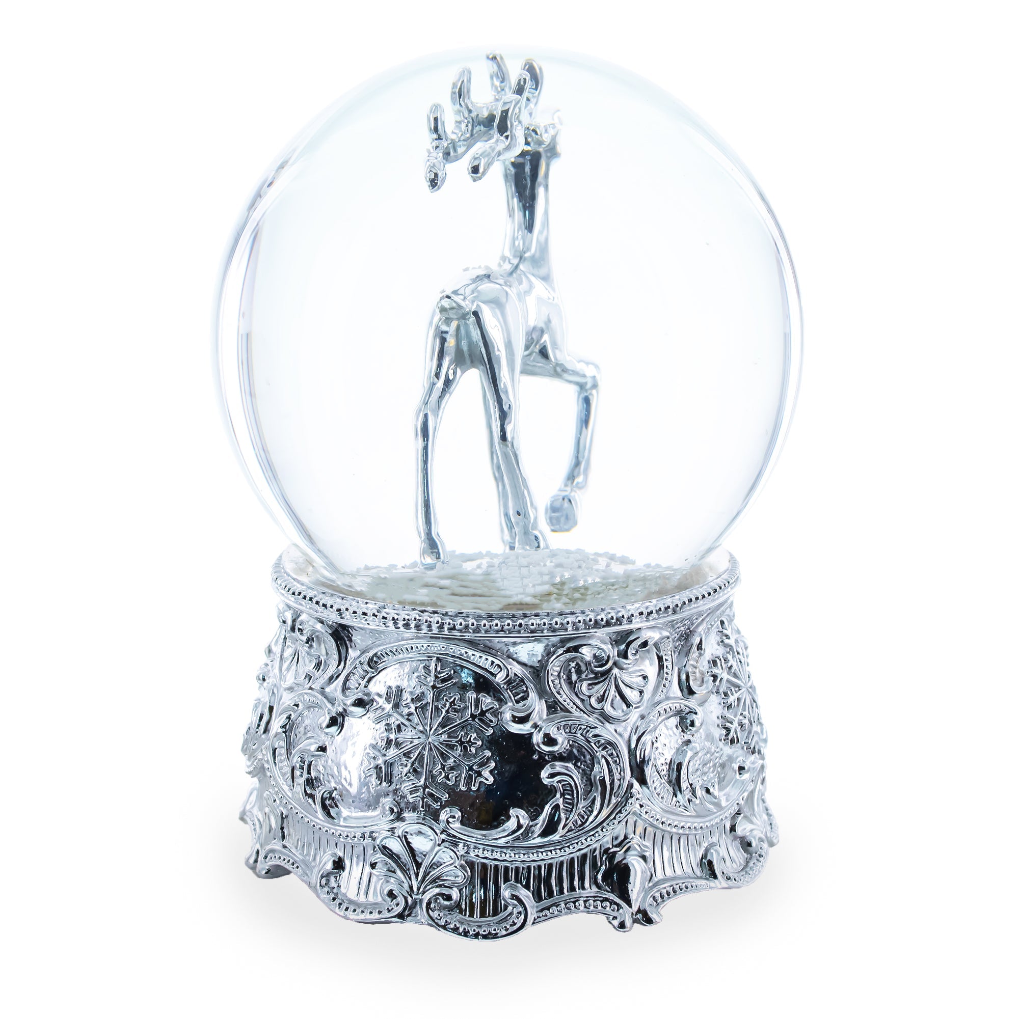 Silver Reindeer Serenade: Musical Christmas Water Snow Globe In Shiny Elegance