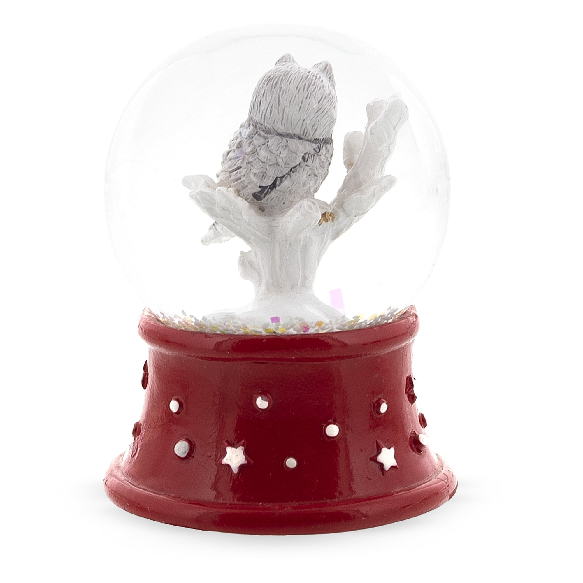 Elegant White Owl Perched On Red Base: Mini Water Snow Globe