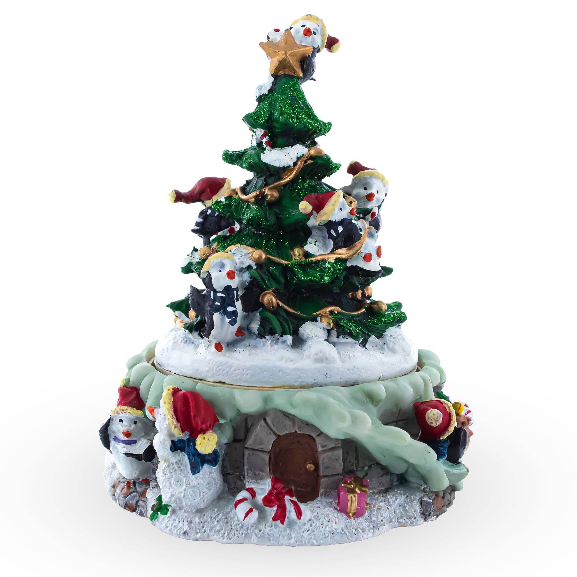 Penguin Festivity: Spinning Christmas Tree Musical Figurine With Decorating Penguins