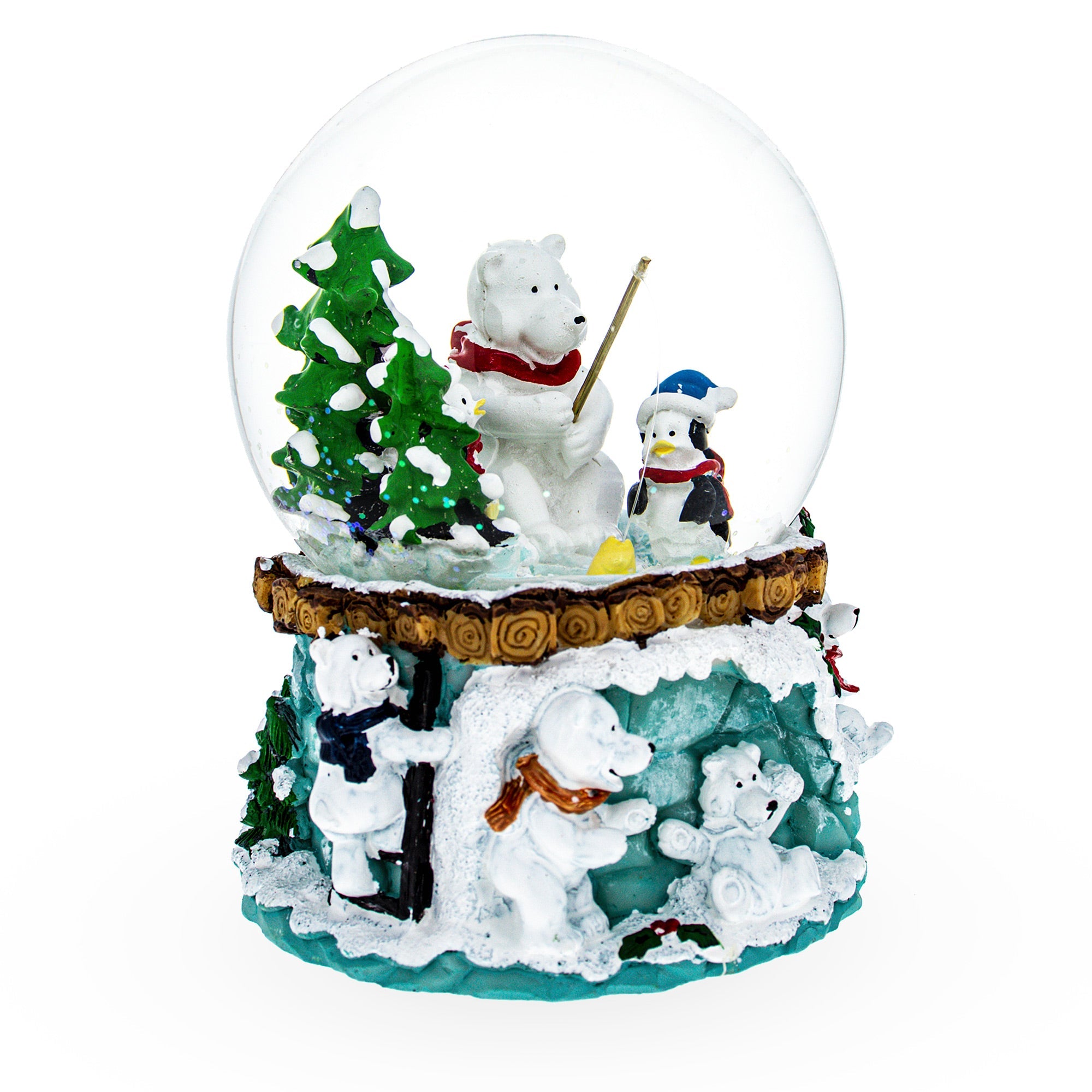 Arctic Fishing Expedition: Musical Christmas Water Snow Globe With Polar Bear And Penguins