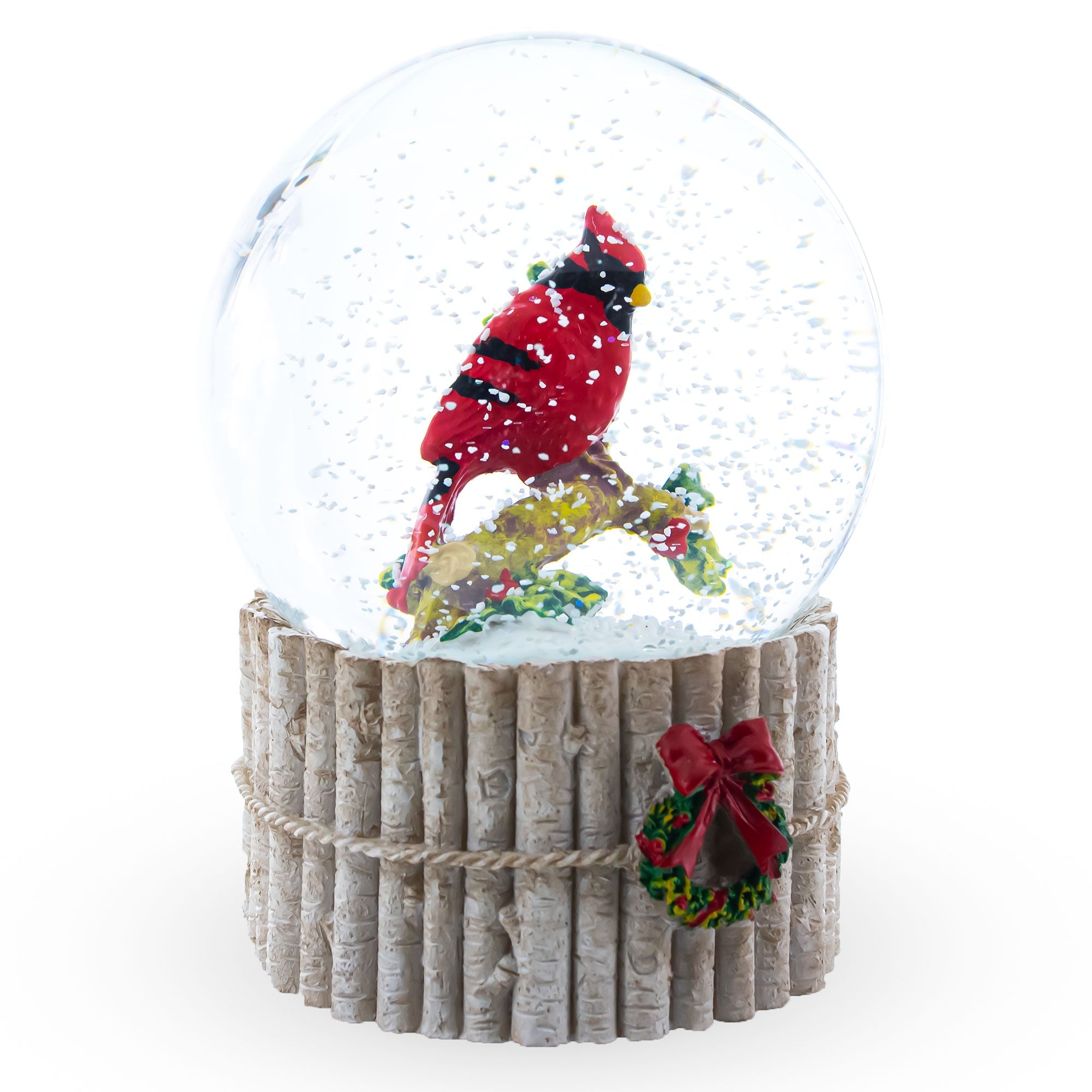 Cardinal's Wintery Serenade: Musical Water Globe With Red Cardinal On Birch Tree And Wreath