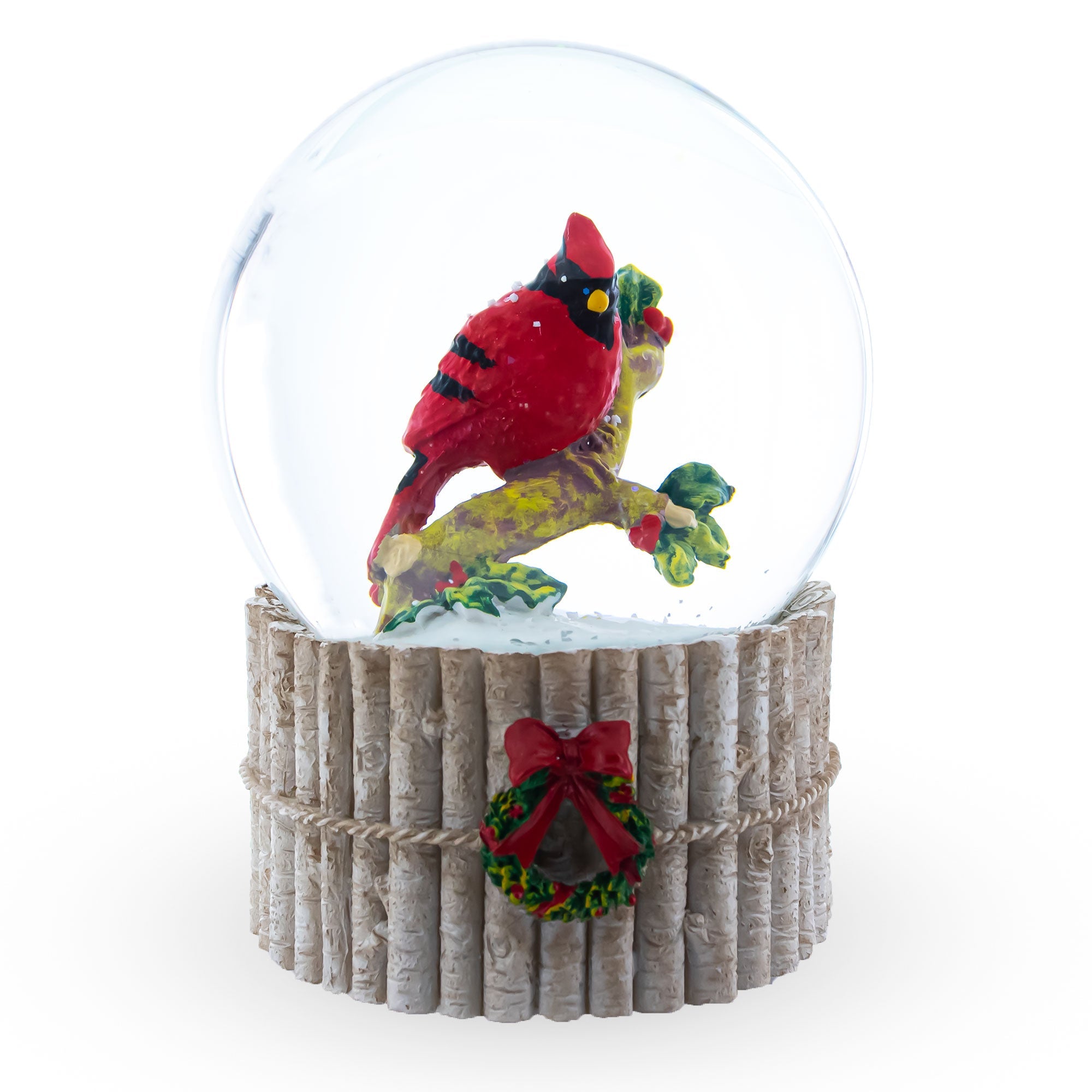 Cardinal's Wintery Serenade: Musical Water Globe With Red Cardinal On Birch Tree And Wreath