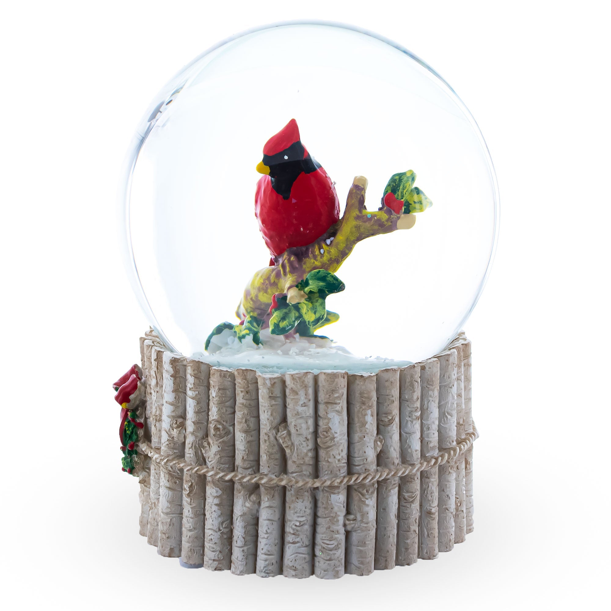 Cardinal's Wintery Serenade: Musical Water Globe With Red Cardinal On Birch Tree And Wreath