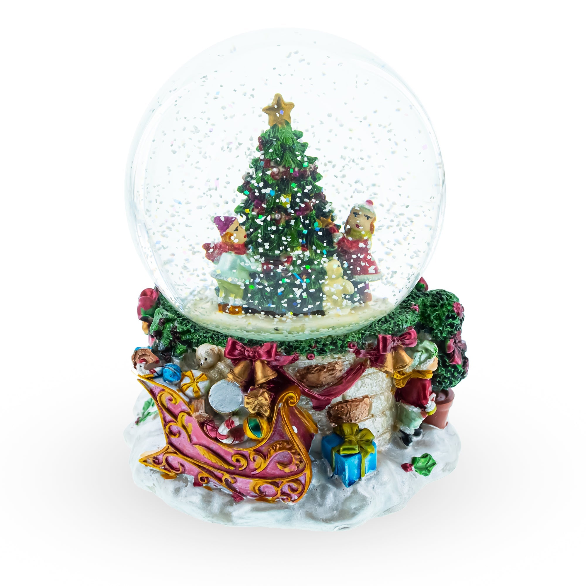 Joyful Children Adorning Christmas Tree: Musical Water Snow Globe