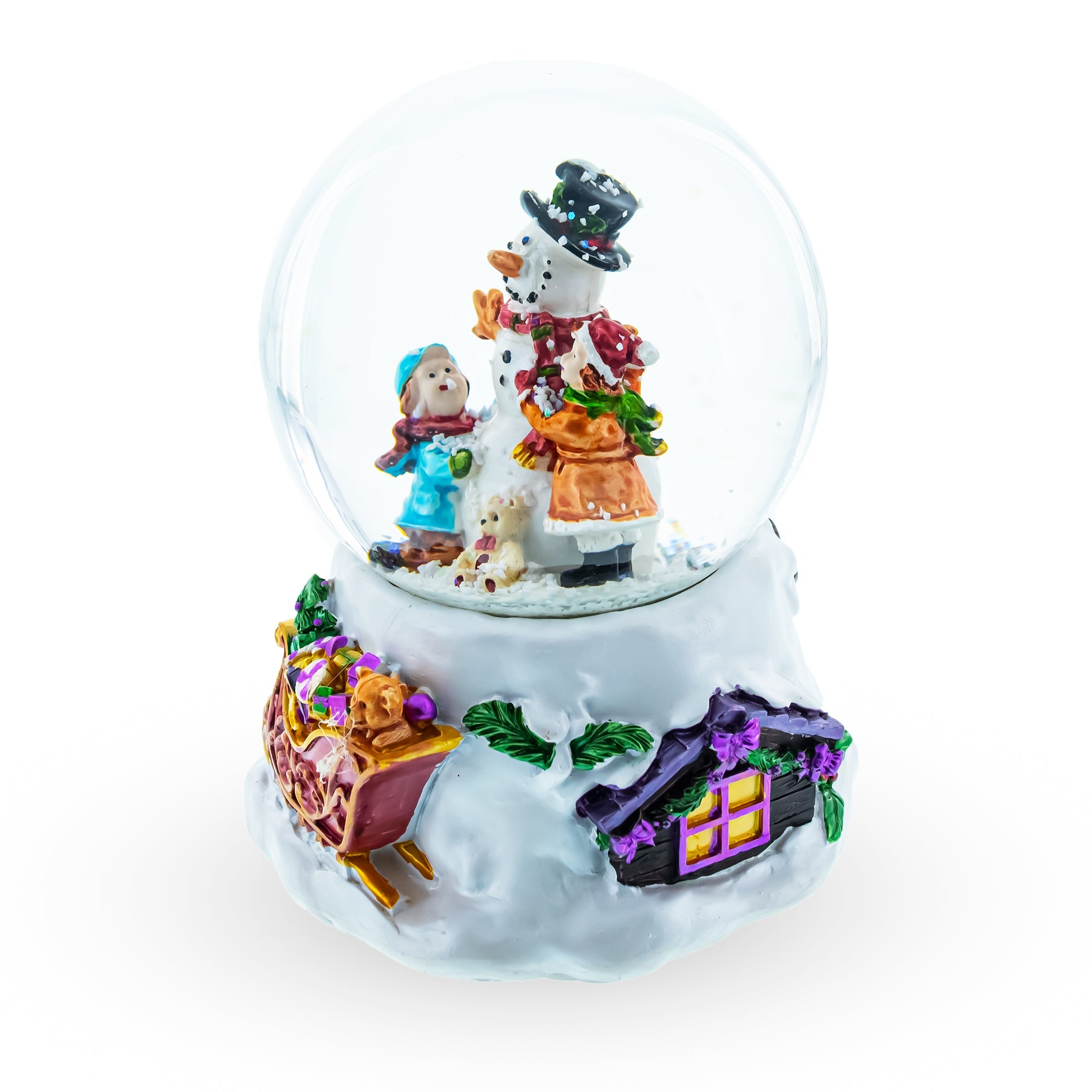 Warm Snowman Embrace: Musical Water Snow Globe With Kids Hugging