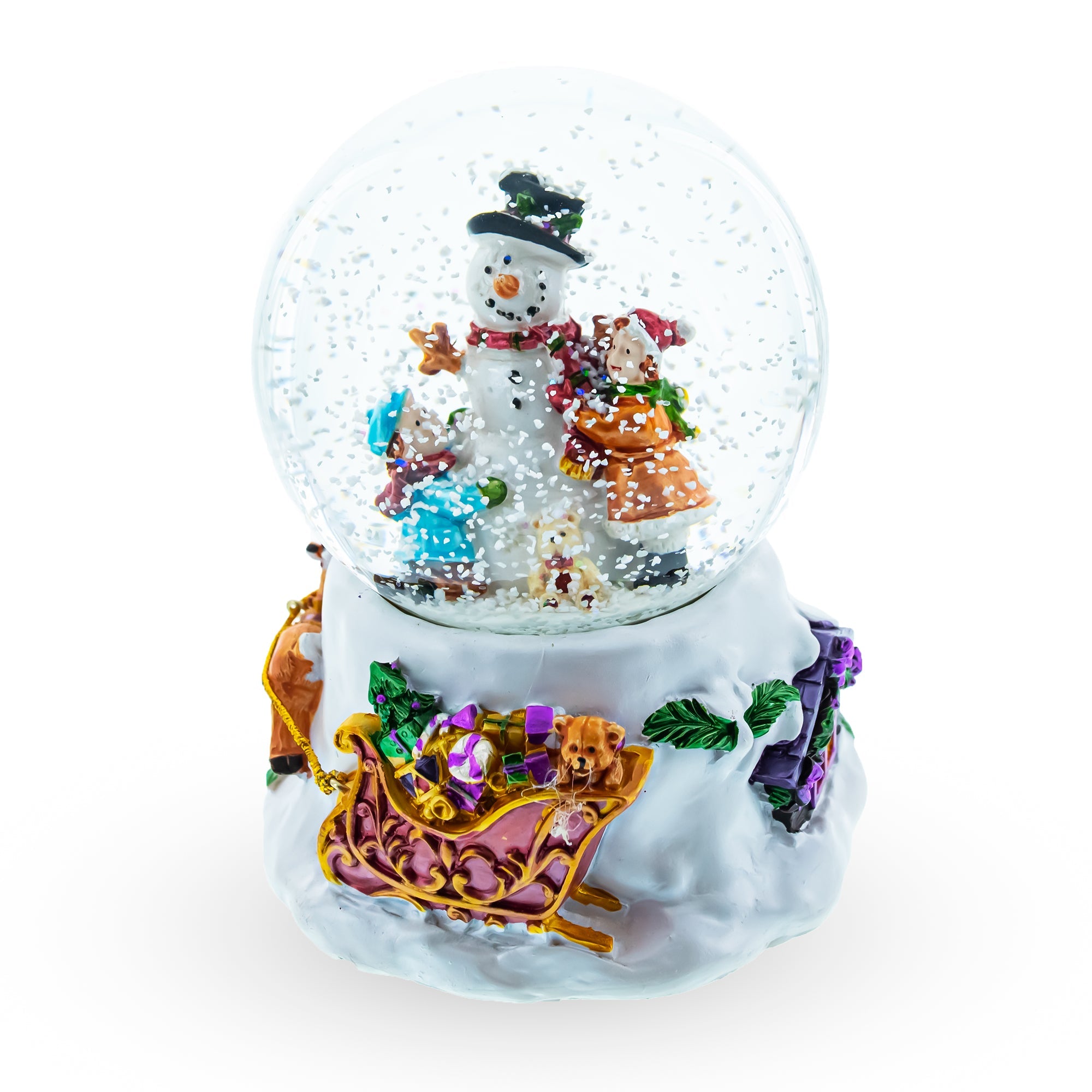 Warm Snowman Embrace: Musical Water Snow Globe With Kids Hugging