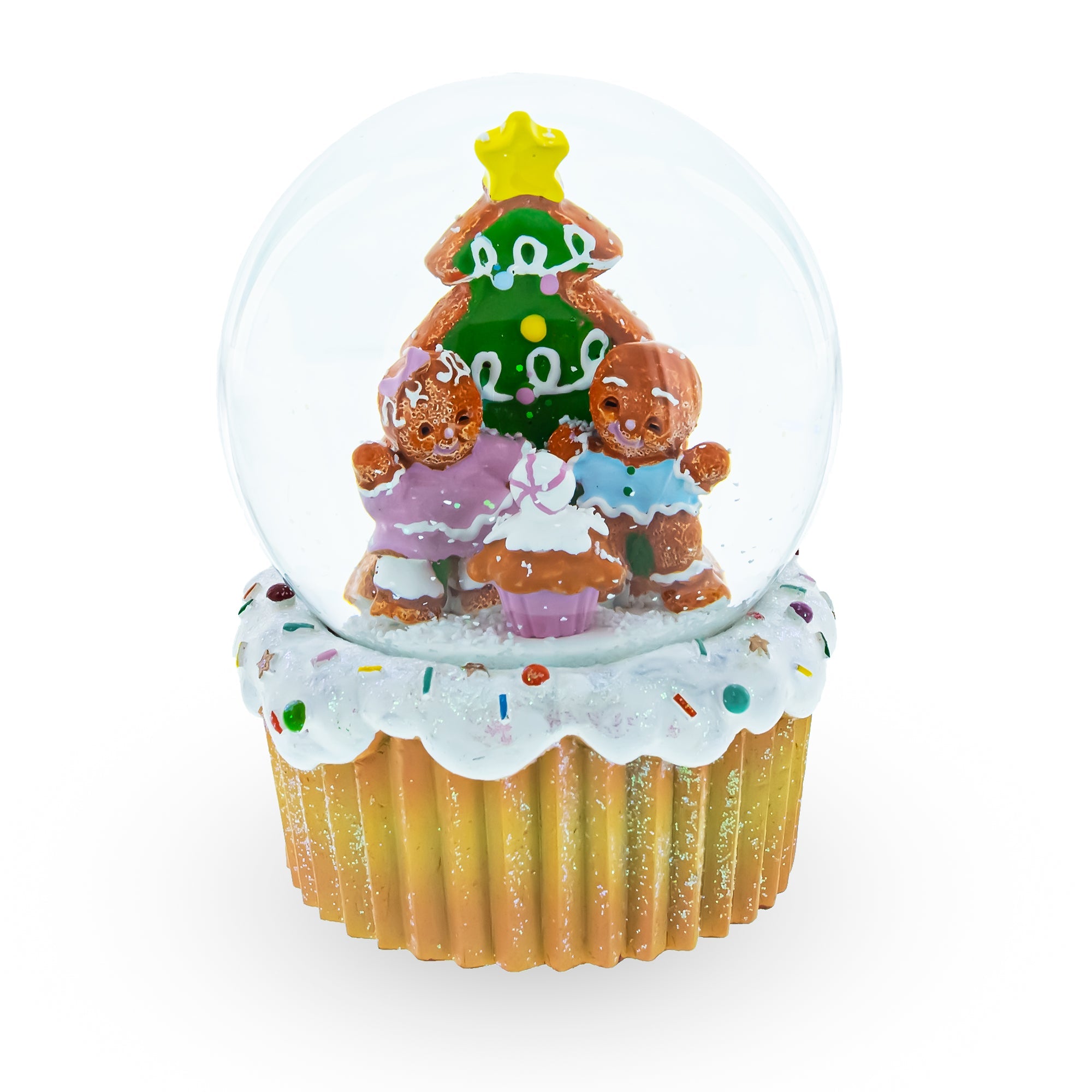 Sweet Gingerbread Harmony: Musical Christmas Water Globe With Gingerbread Family And Cupcake