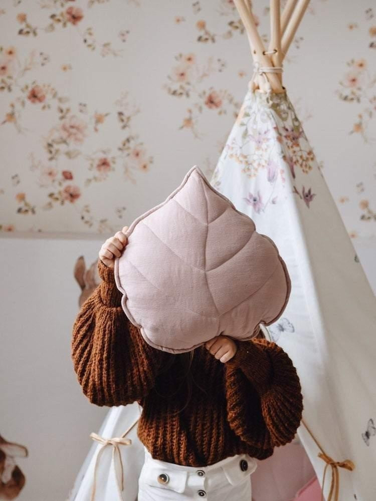 Linen Powder Pink Leaf Pillow