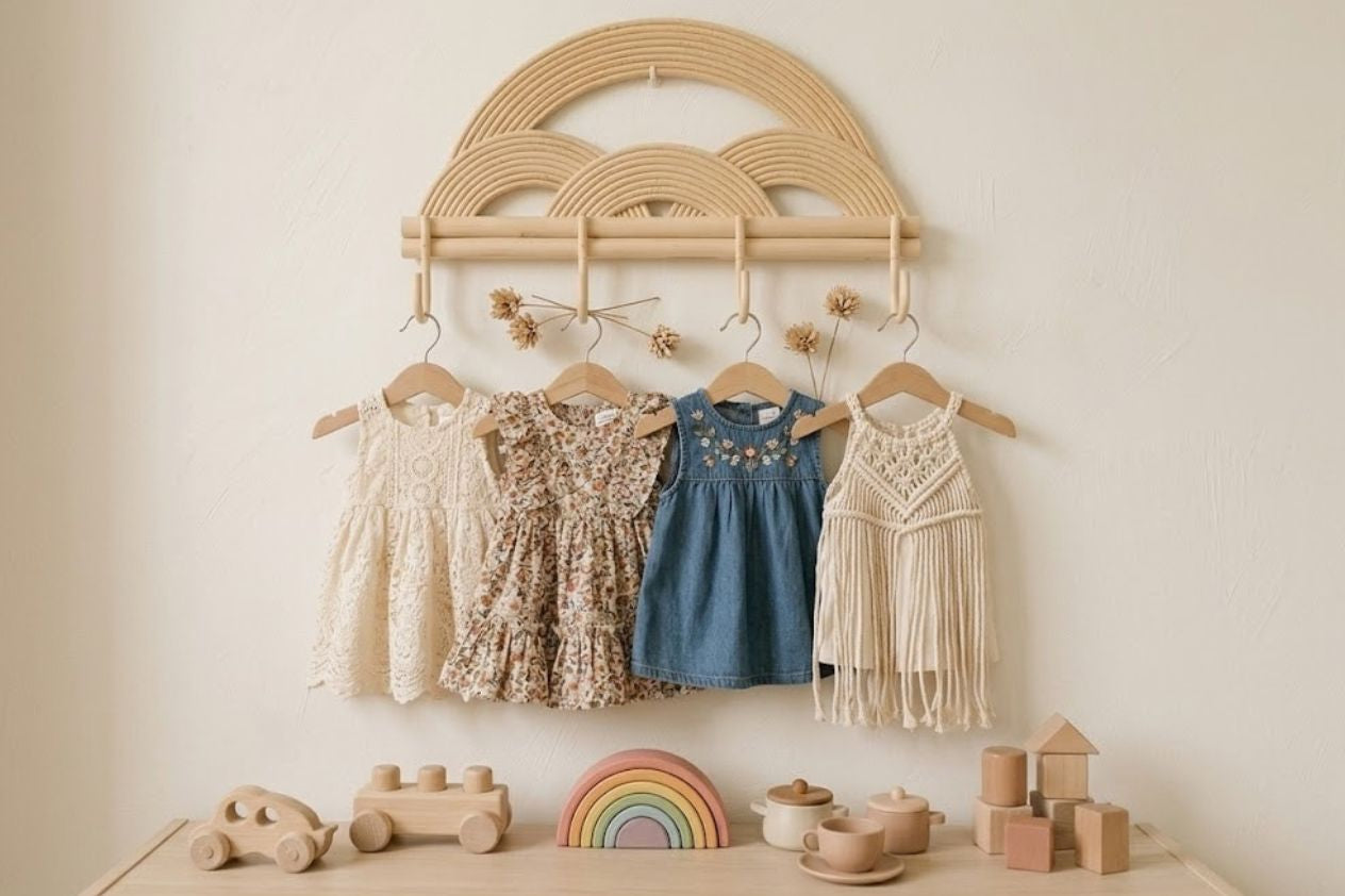 Montessori Rainbow Wall Hanger  |  Rattan Wall Rack | Boho Nursery Wall Hooks For Kids