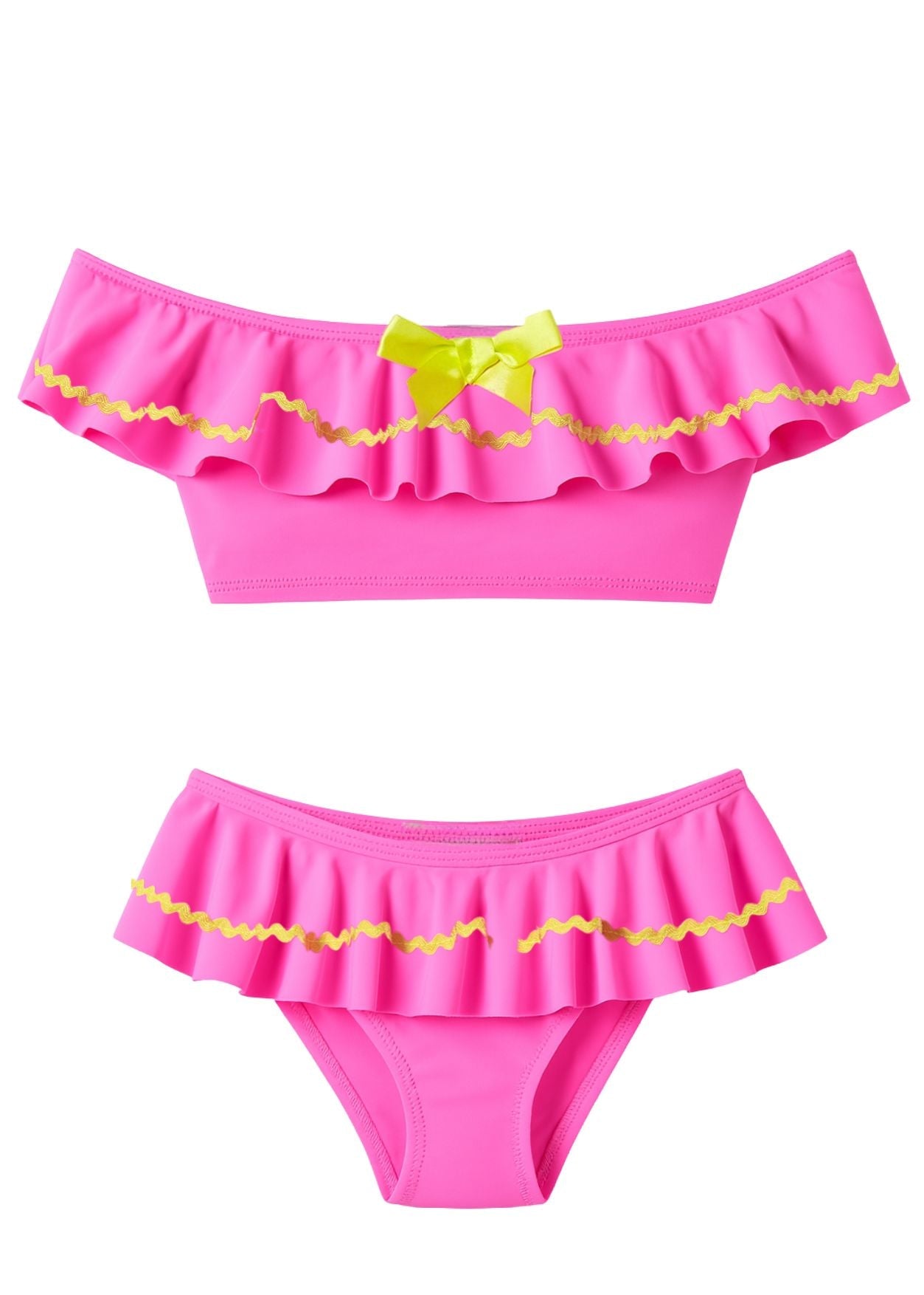 Neon Pink Bikini With Yellow Ric Rac & Bow