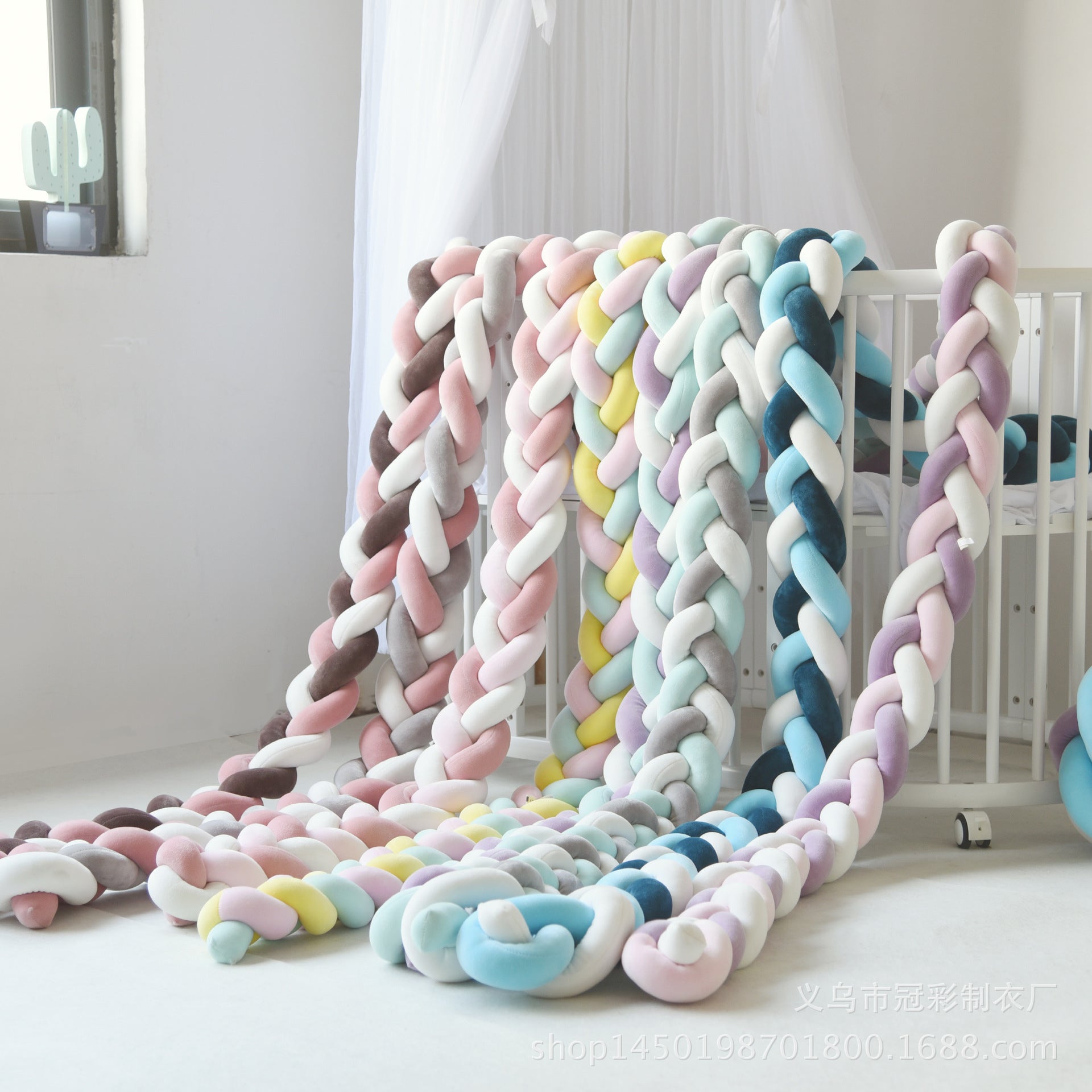 New Nordic Style Twisted Knit Baby Bed Rail Bumper, Long Strip With Three-strand Twisted Braided Knot Rope Cushion