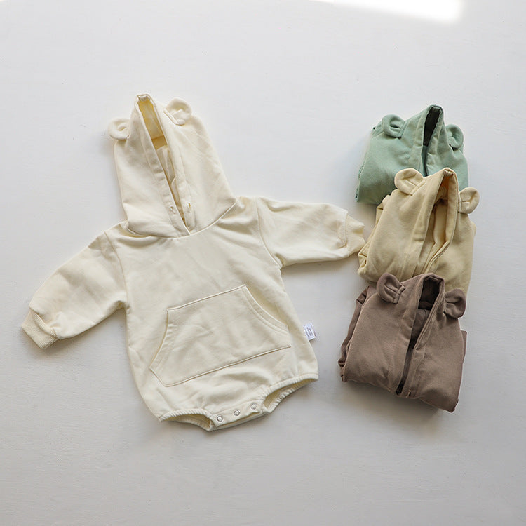 Baby 1pcs Solid Color 3d Bear Ears Patched Design Hoodie Triangle Cotton Bodysuit Onesies
