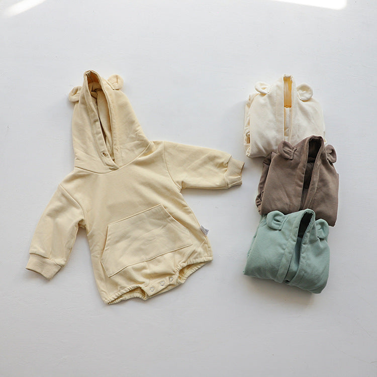 Baby 1pcs Solid Color 3d Bear Ears Patched Design Hoodie Triangle Cotton Bodysuit Onesies