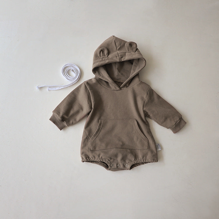 Baby 1pcs Solid Color 3d Bear Ears Patched Design Hoodie Triangle Cotton Bodysuit Onesies