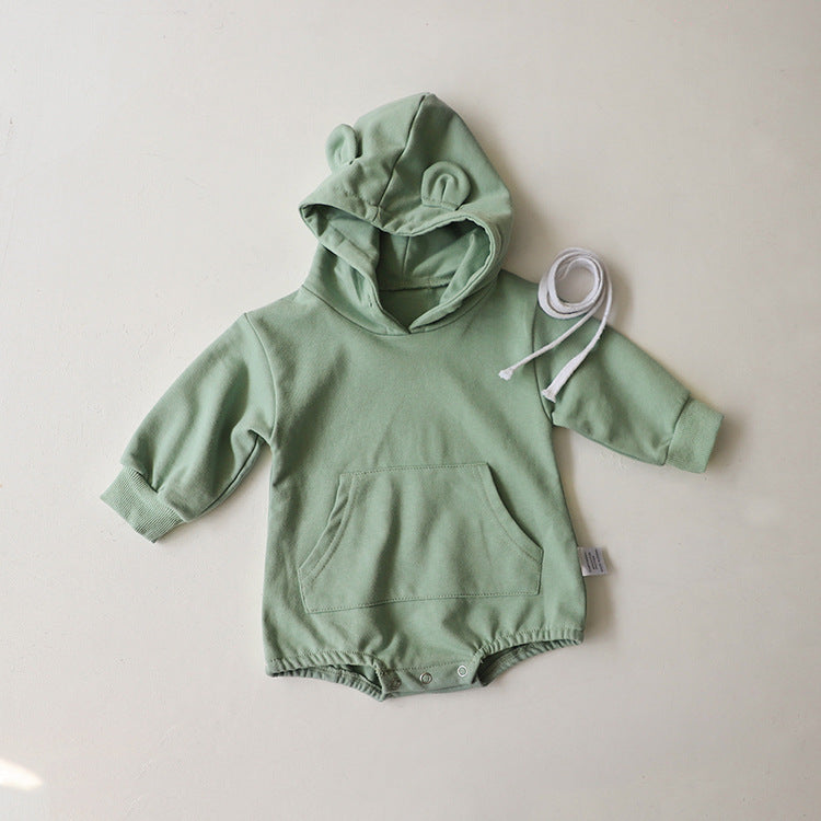 Baby 1pcs Solid Color 3d Bear Ears Patched Design Hoodie Triangle Cotton Bodysuit Onesies