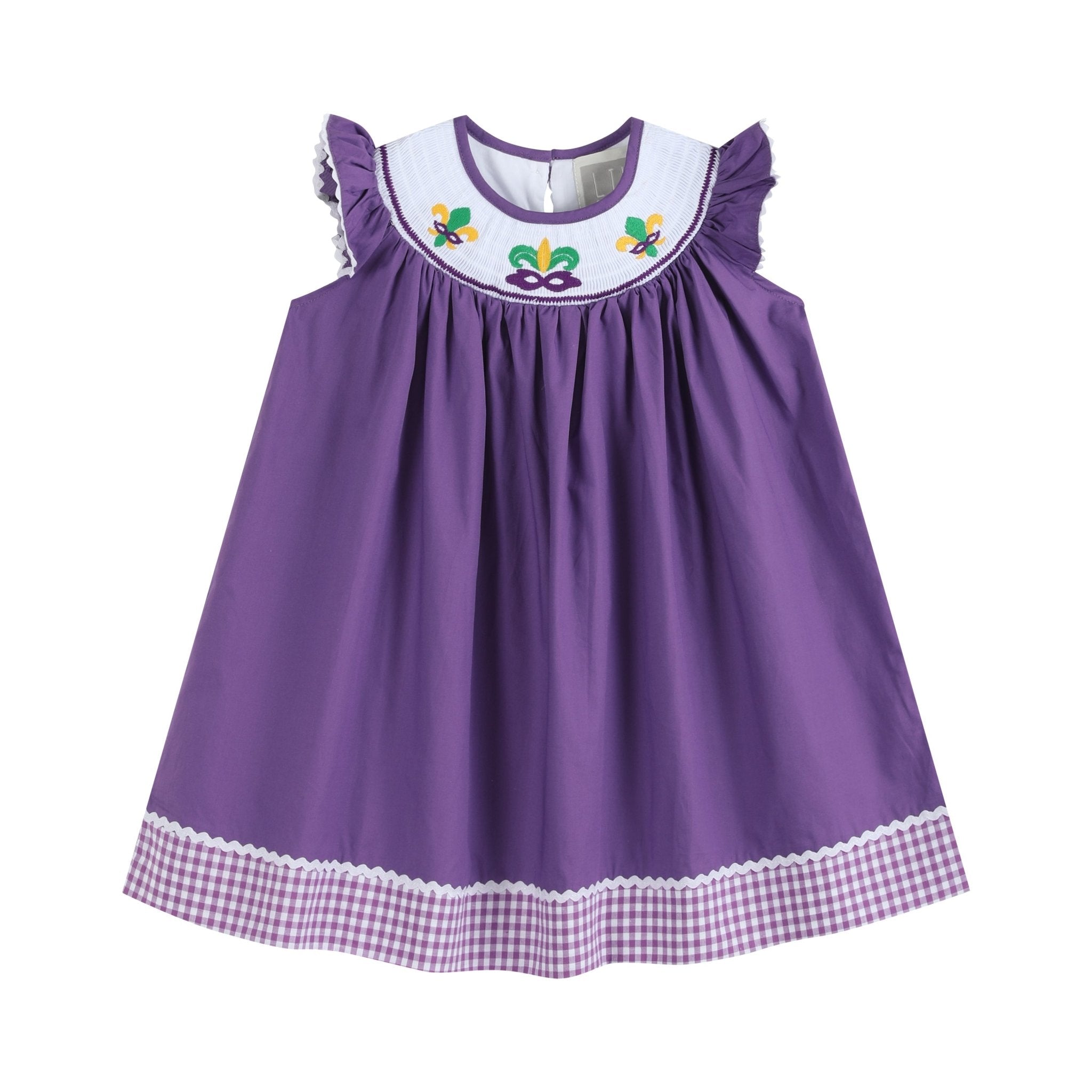 Purple And Gingham Mardi Gras Smocked Bishop Dress