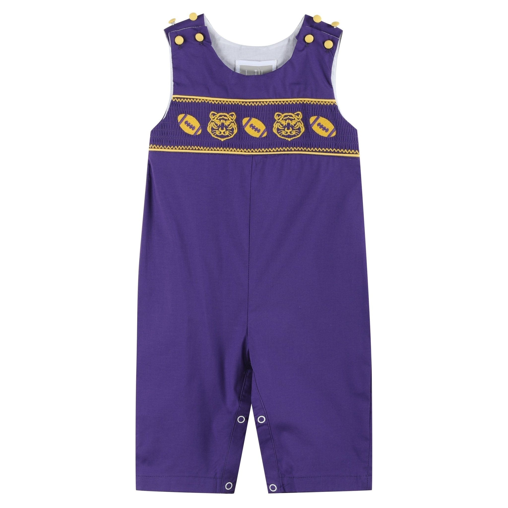 Purple And Gold Football And Tiger Smocked Overalls