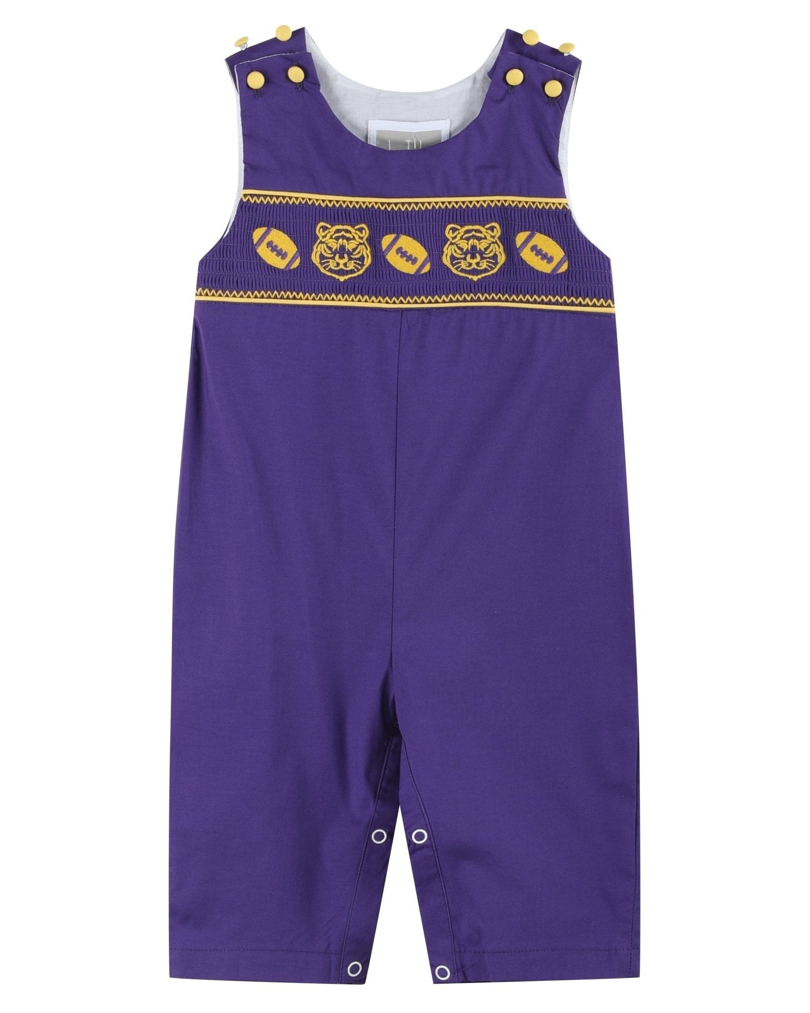 Purple And Gold Football And Tiger Smocked Overalls