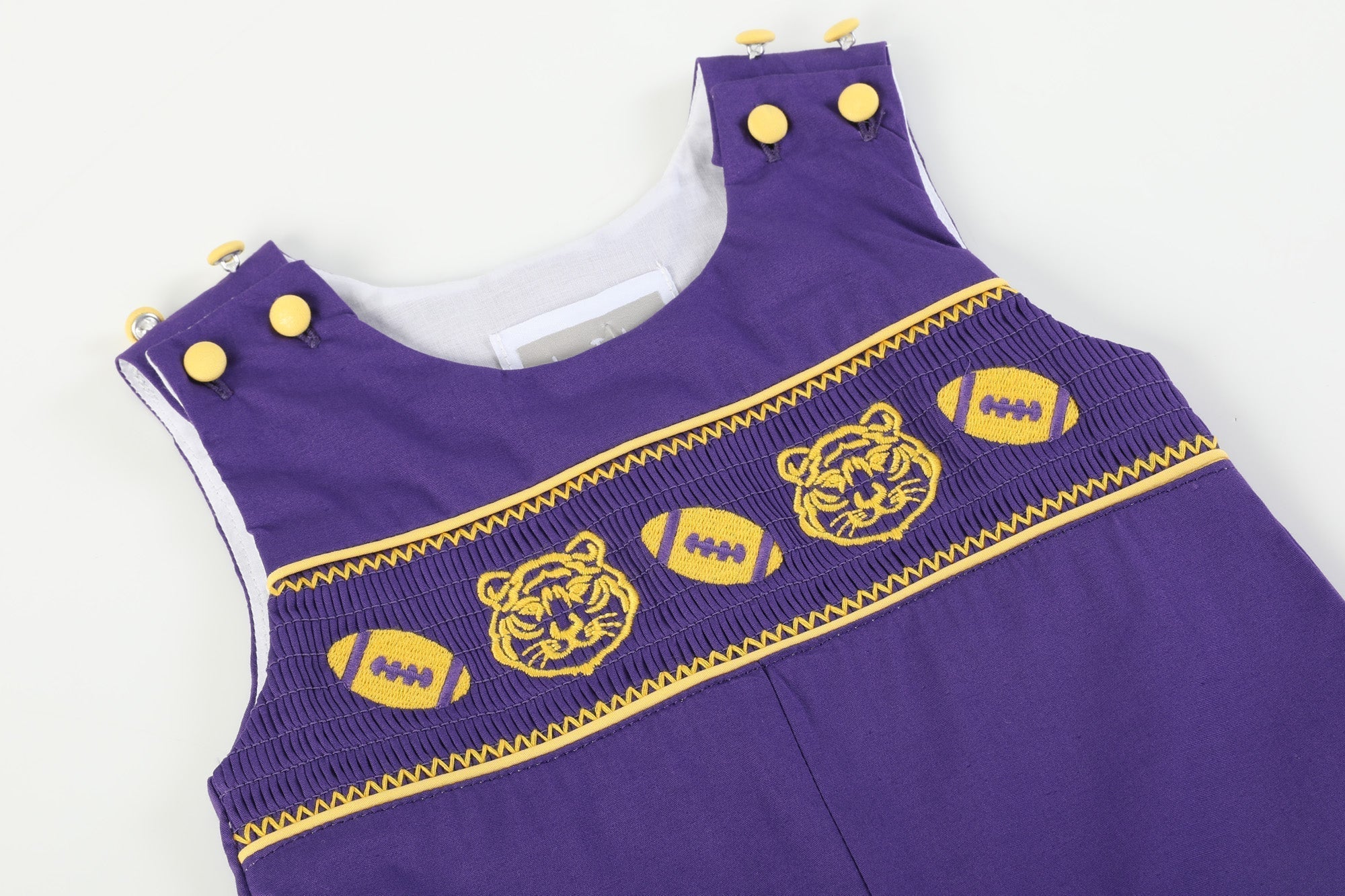 Purple And Gold Football And Tiger Smocked Overalls