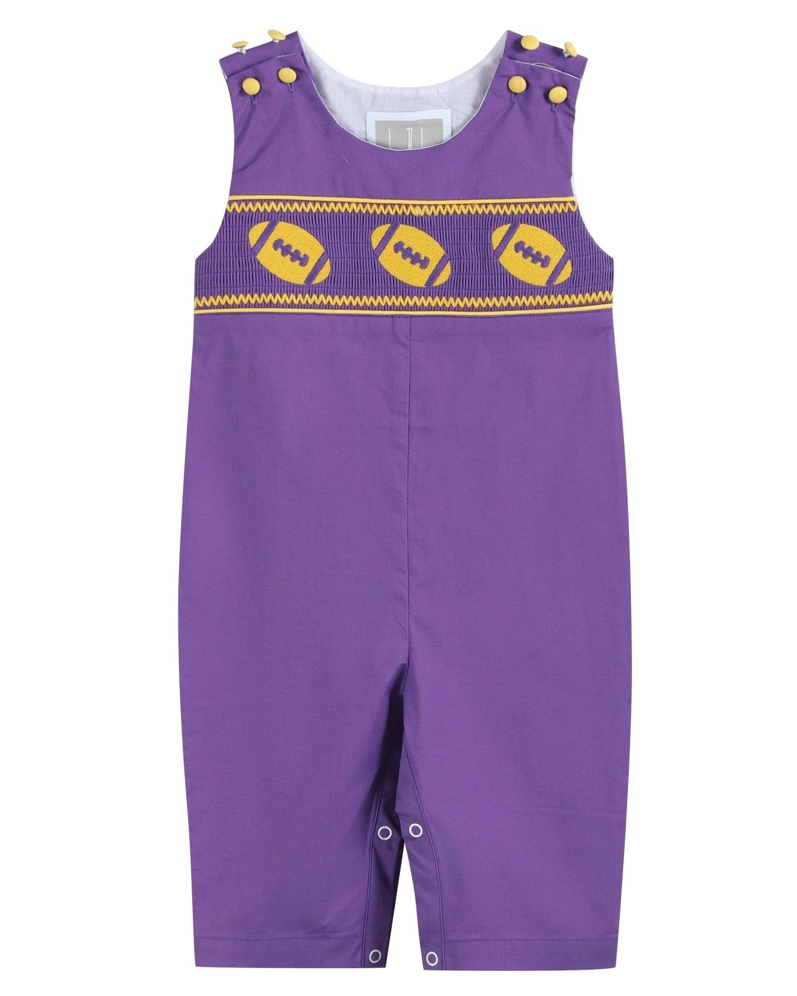 Purple And Gold Football Smocked Overalls