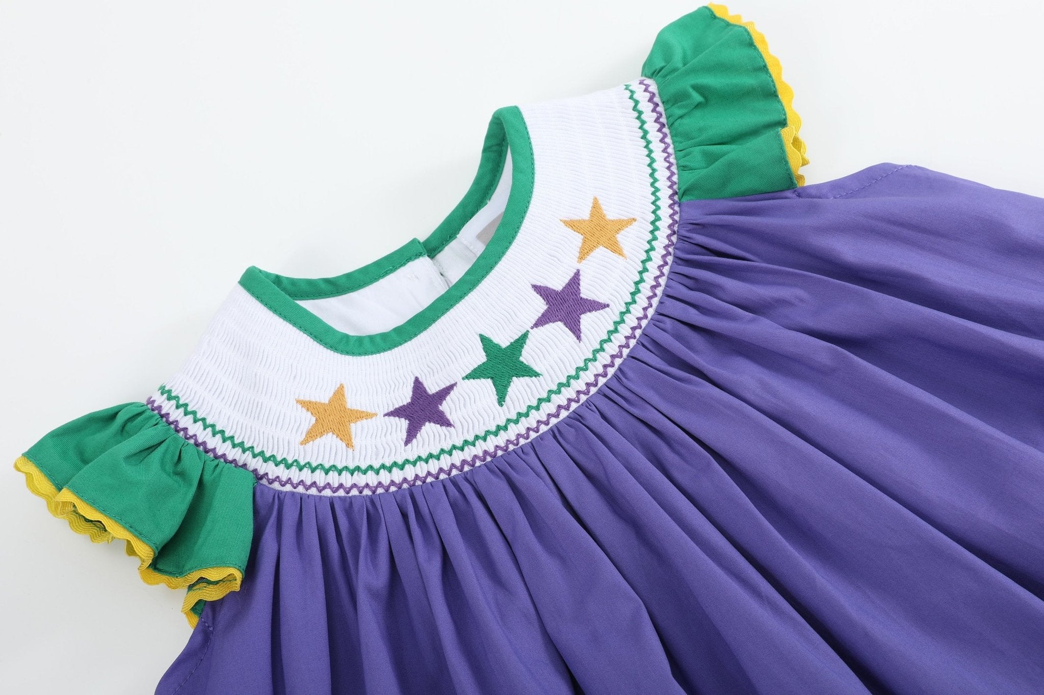 Purple And Green Mardi Gras Smocked Bishop Dress