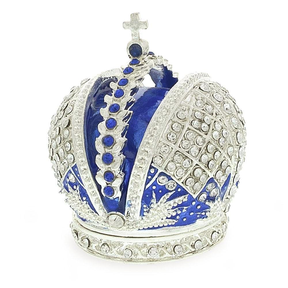 Royal Crown With Cross In Blue Enamel Jewelry Trinket Box Figurine