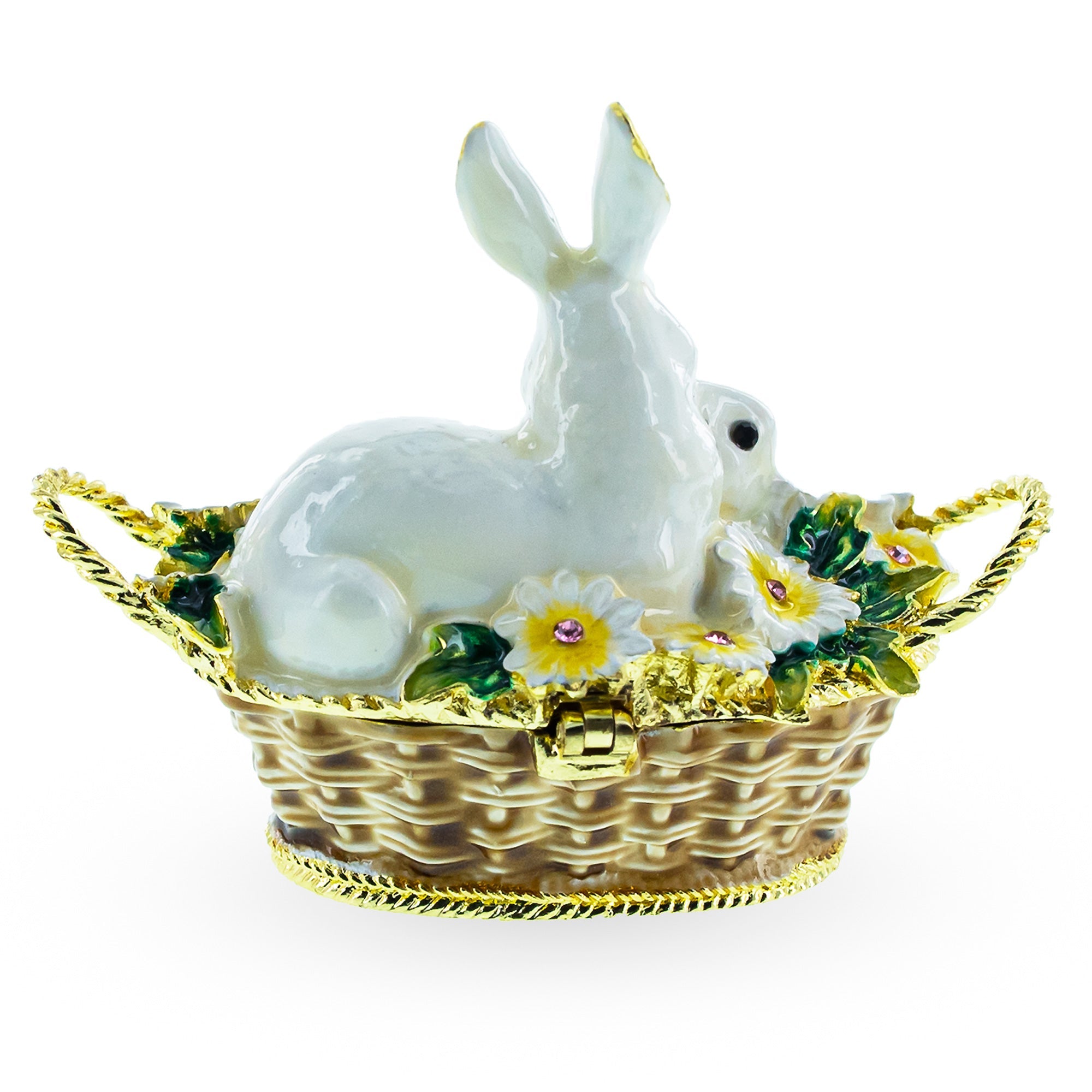 White Bunny Family In Easter Basket Trinket Box Figurine 2.5 Inches