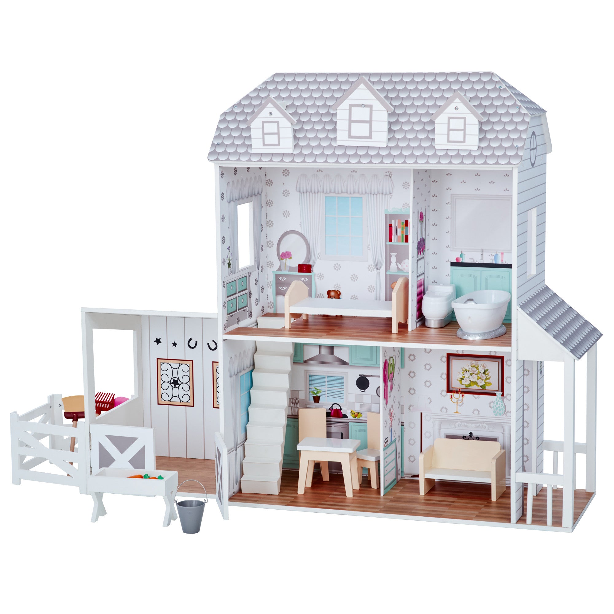 Dreamland Farm Dollhouse With 14 Accessories, White/gray