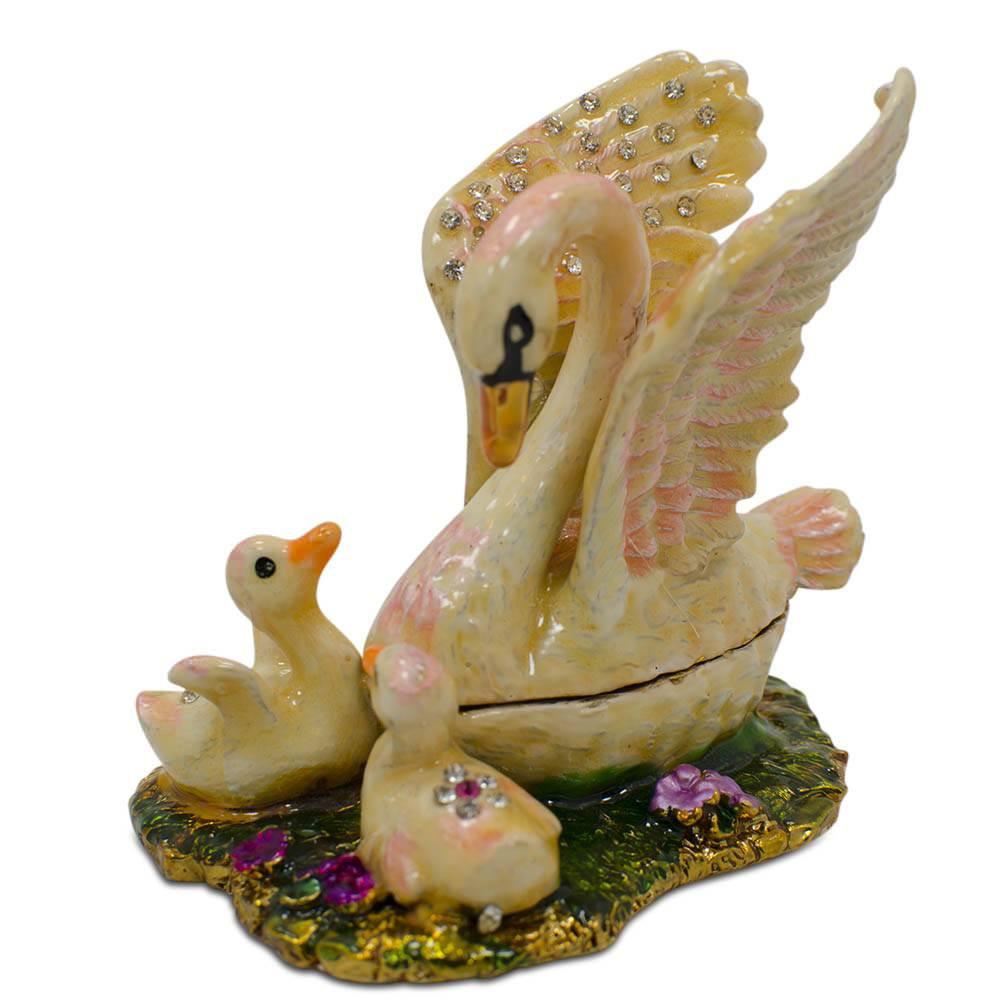 Swan Family Jeweled Trinket Box Figurine