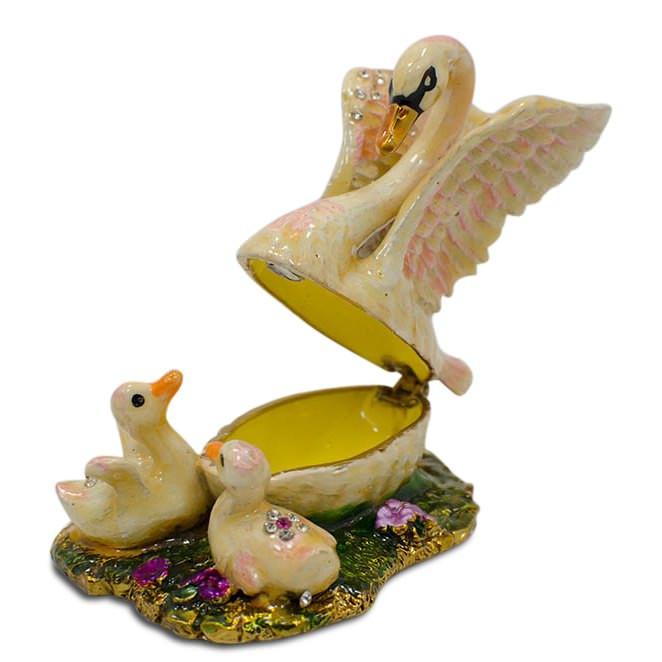 Swan Family Jeweled Trinket Box Figurine