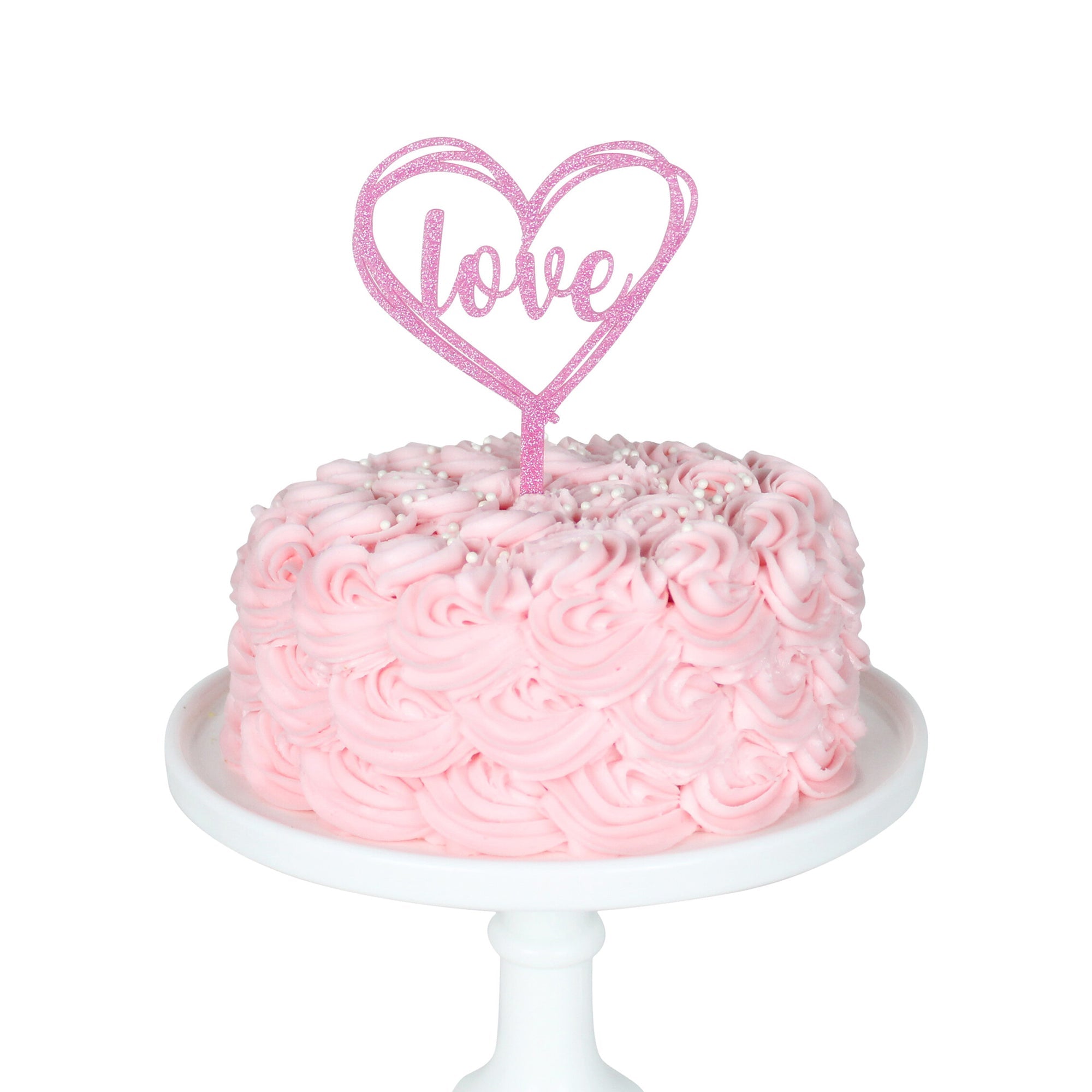 Love - Heart Acrylic Cake Topper In Pink Glitter