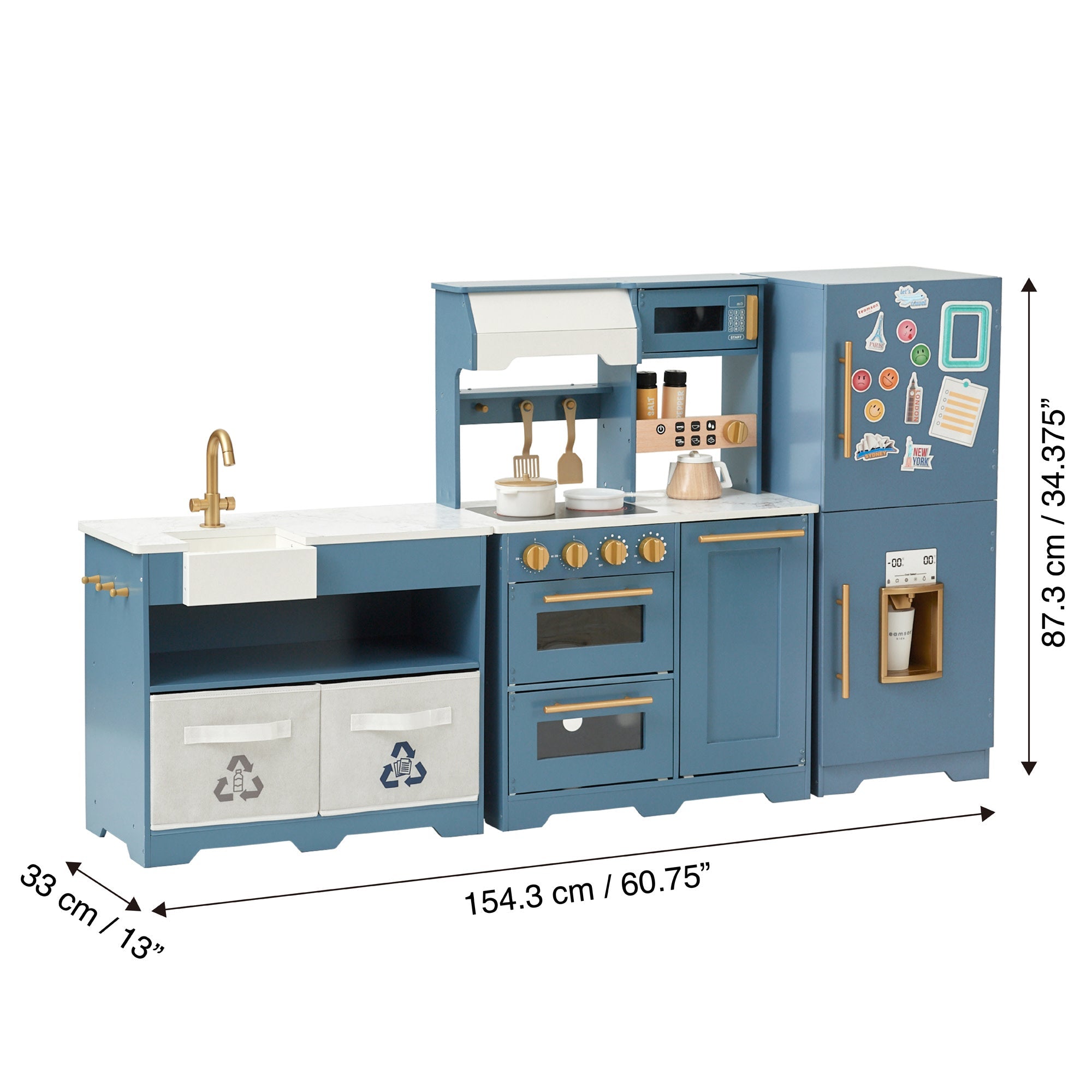 Teamson Kids - Little Chef Atlanta Large Modular Play Kitchen, Stone Blue/gold