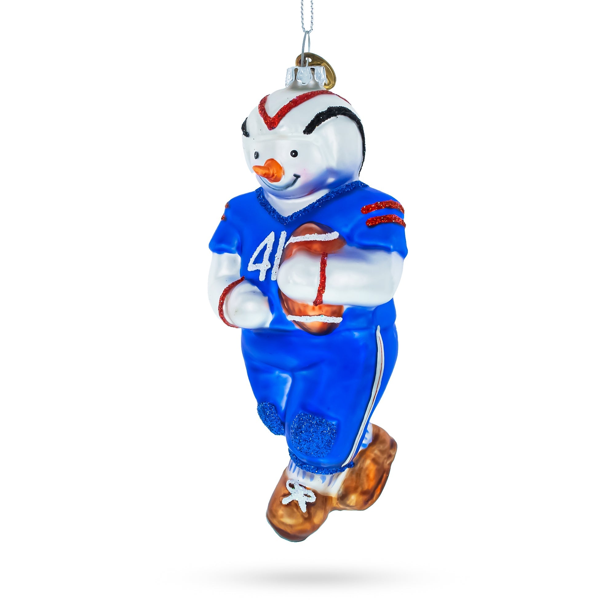 Whimsical Snowman Playing Football - Blown Glass Christmas Ornament