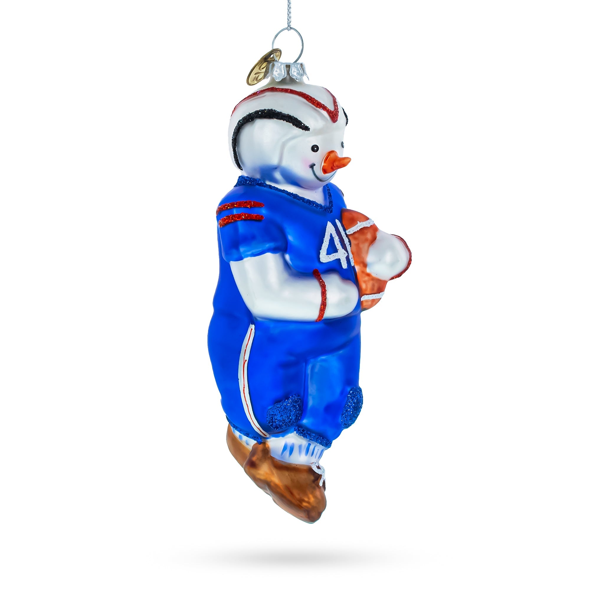 Whimsical Snowman Playing Football - Blown Glass Christmas Ornament