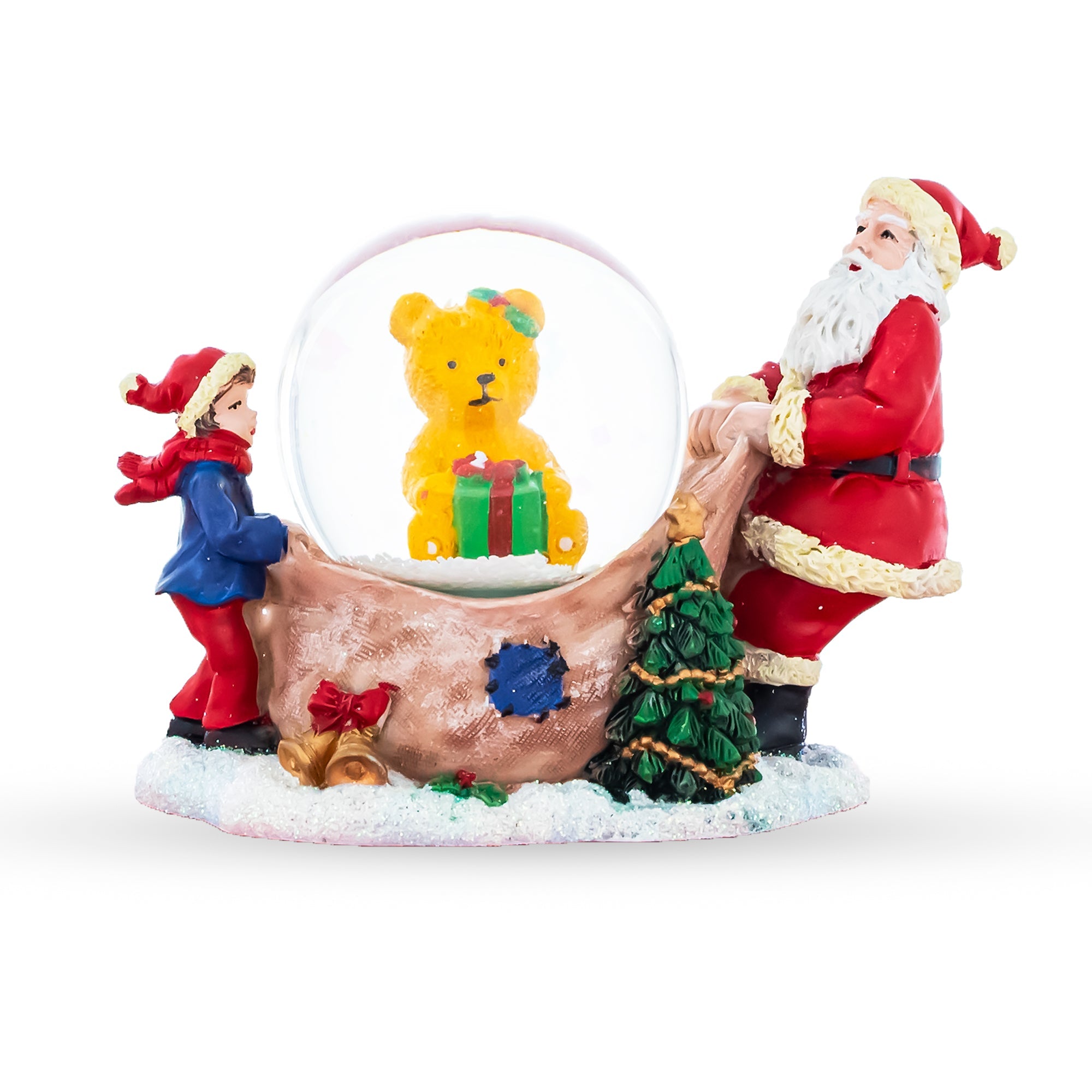 Santa's Teddy Surprise: Mini Water Snow Globe With Gift-unwrapping Scene