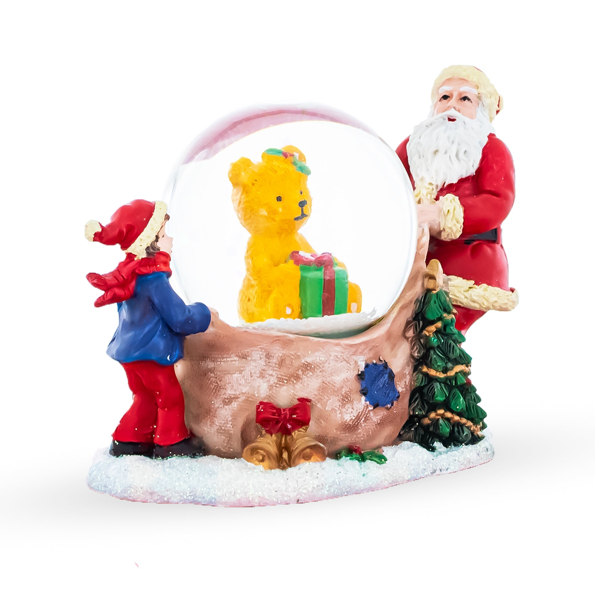 Santa's Teddy Surprise: Mini Water Snow Globe With Gift-unwrapping Scene