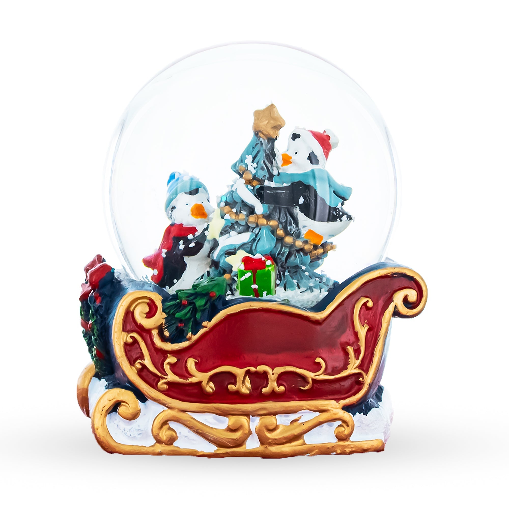 Penguin Sleigh Ride: Mini Water Snow Globe With Penguins Decorating Tree