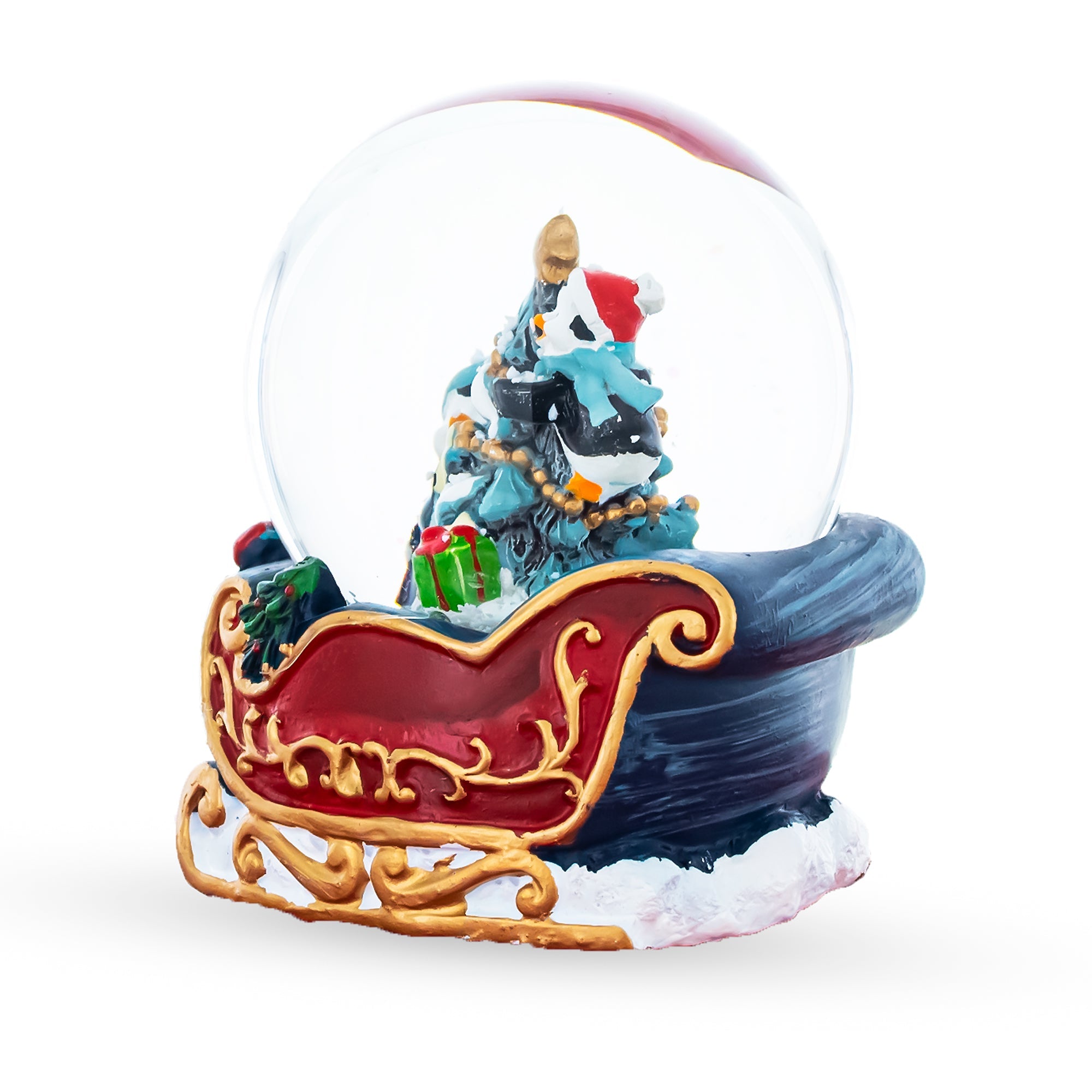 Penguin Sleigh Ride: Mini Water Snow Globe With Penguins Decorating Tree