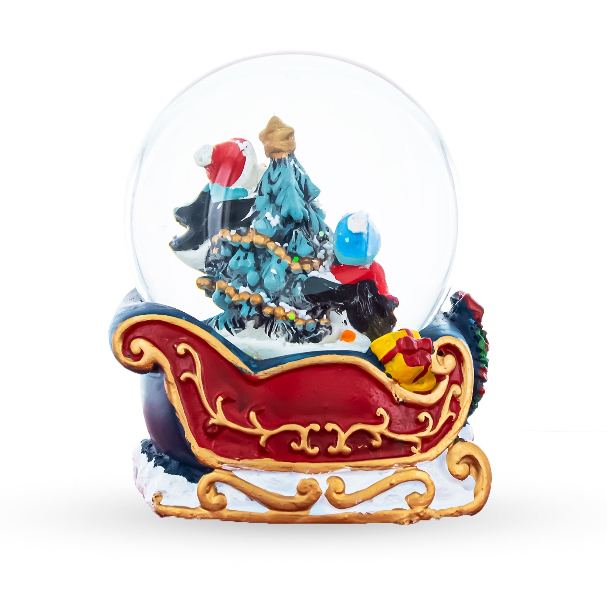 Penguin Sleigh Ride: Mini Water Snow Globe With Penguins Decorating Tree