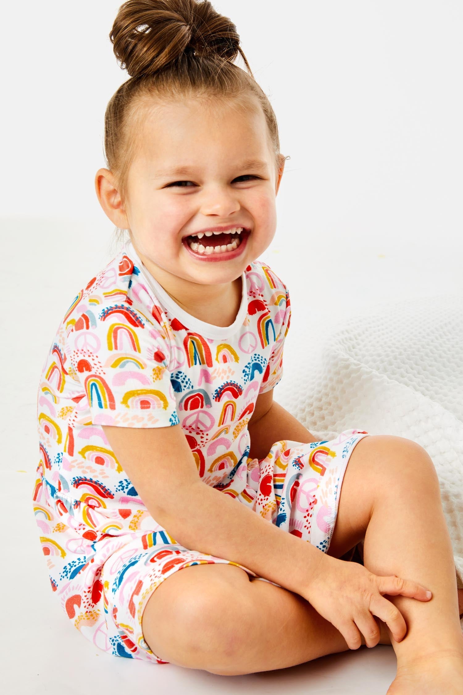 Stretchy Short Sleeve Twirl Dress - Rainbows Pink