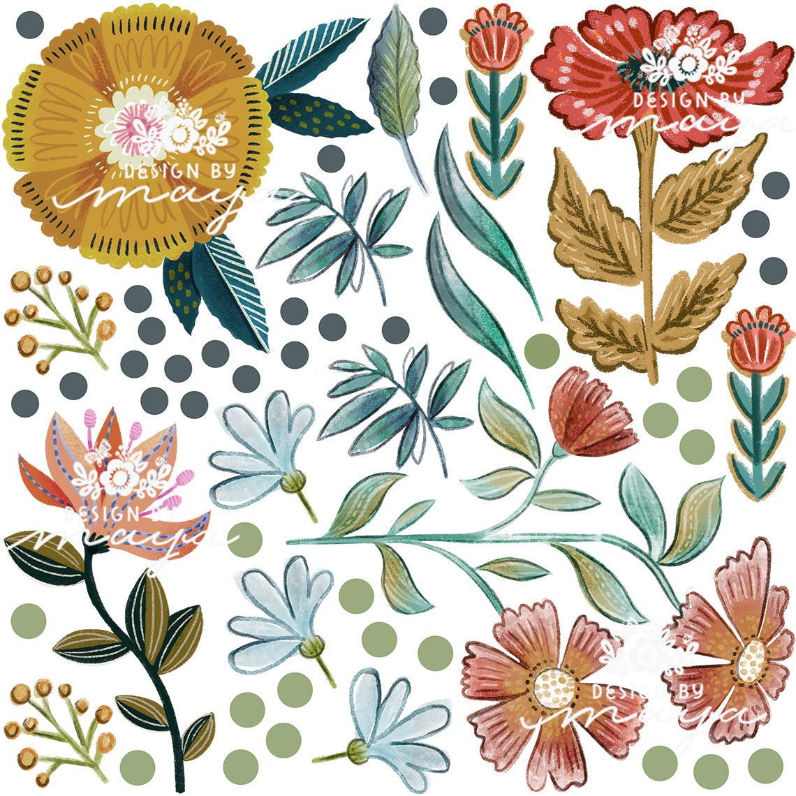 Wild Flowers & Green Leaves - Fabric Nursery Wall Art Decals