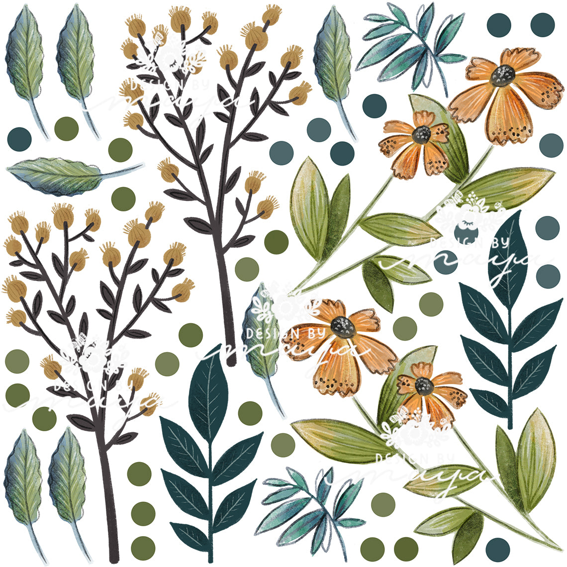 Wild Flowers & Green Leaves - Fabric Nursery Wall Art Decals