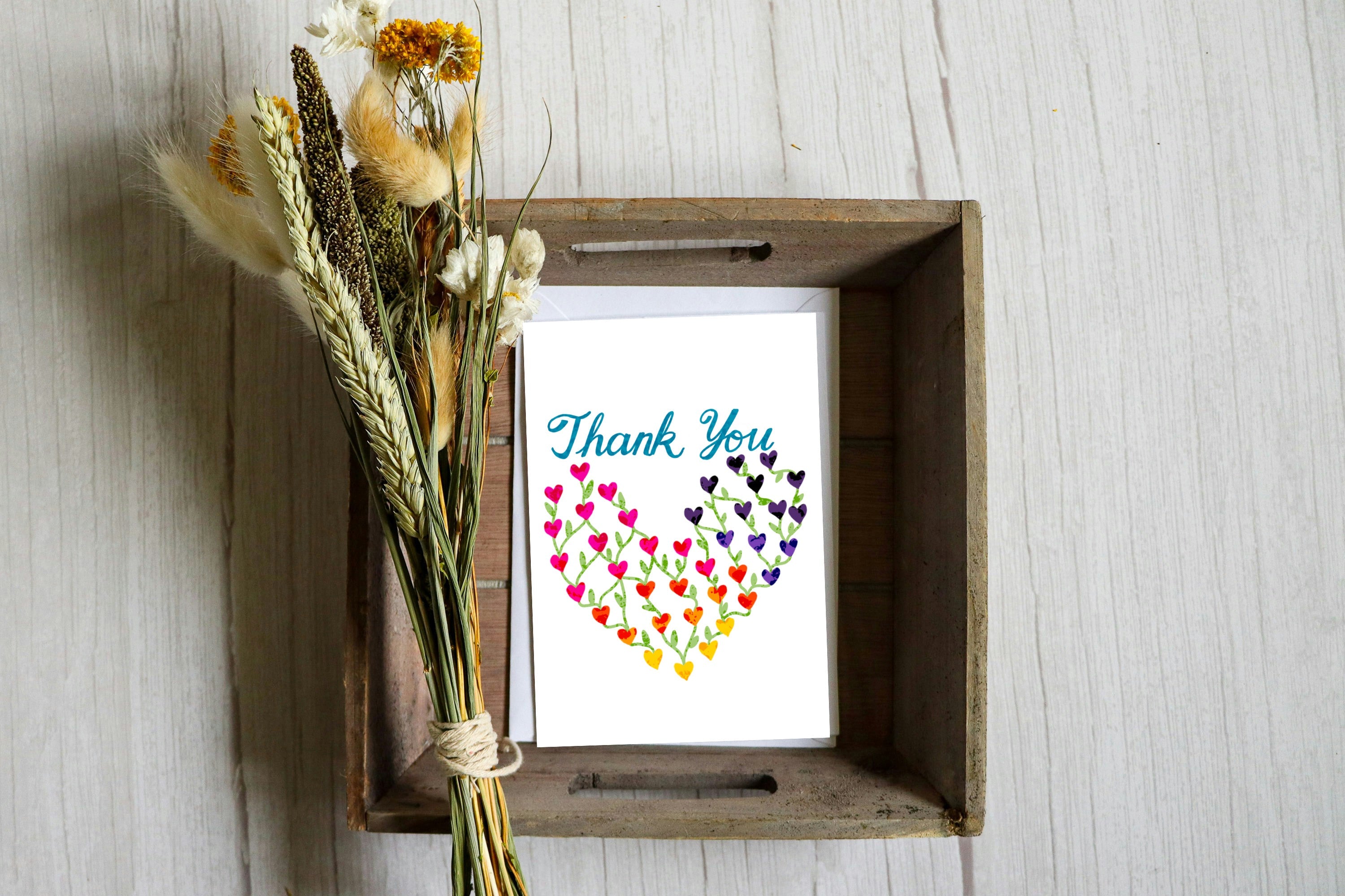 Rainbow Hearts Thank You Greeting Card | Hand-lettered