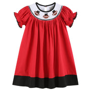 Red And Black Football Smocked Bishop Dress